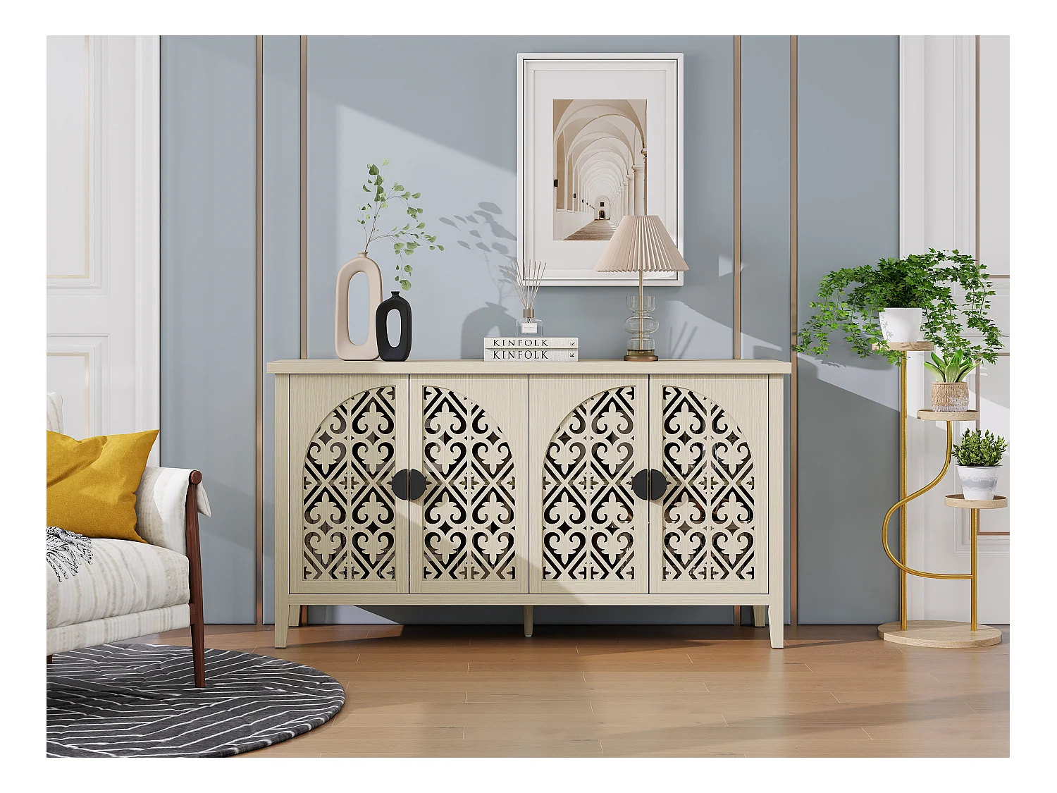 Buffet 4 portes en bois naturel, design perforé, 3 étagères réglables, MDF, naturel (147.6x40x80 cm)