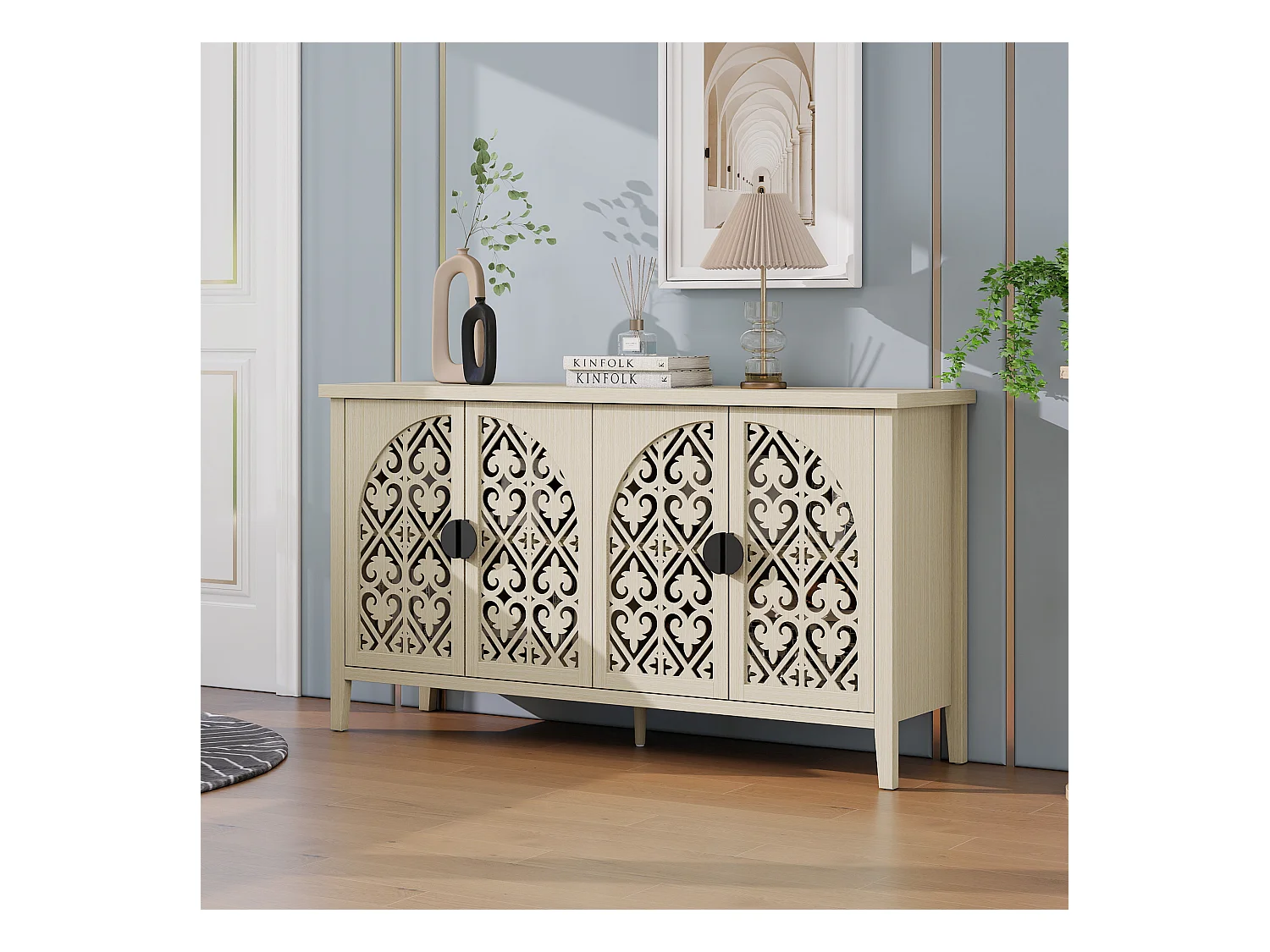 Buffet 4 portes en bois naturel, design perforé, 3 étagères réglables, MDF, naturel (147.6x40x80 cm)