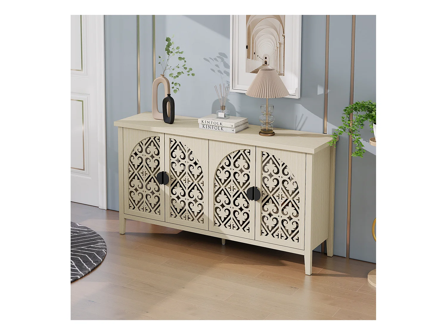 Buffet 4 portes en bois naturel, design perforé, 3 étagères réglables, MDF, naturel (147.6x40x80 cm)