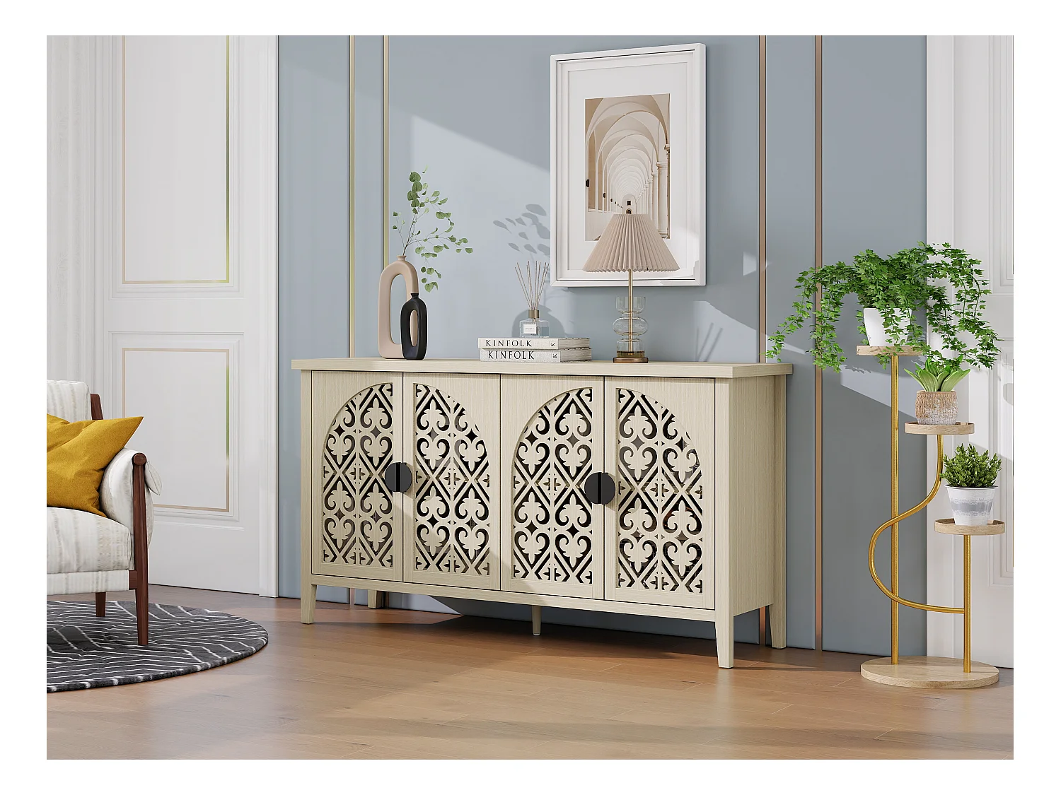 Buffet 4 portes en bois naturel, design perforé, 3 étagères réglables, MDF, naturel (147.6x40x80 cm)