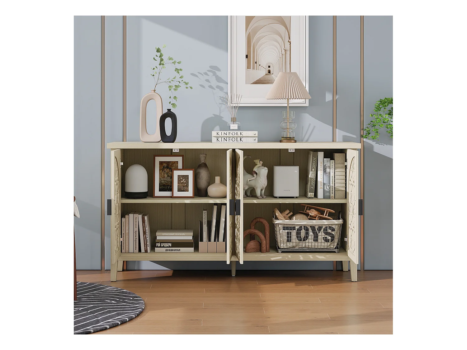 Buffet 4 portes en bois naturel, design perforé, 3 étagères réglables, MDF, naturel (147.6x40x80 cm)