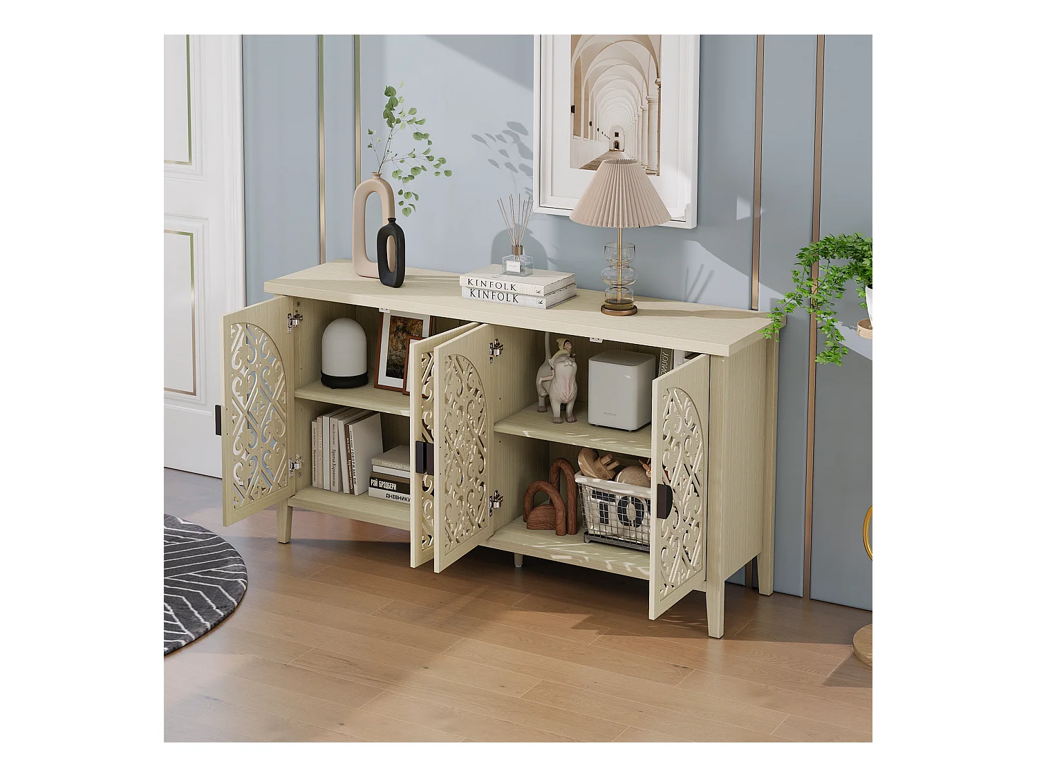 Buffet 4 portes en bois naturel, design perforé, 3 étagères réglables, MDF, naturel (147.6x40x80 cm)