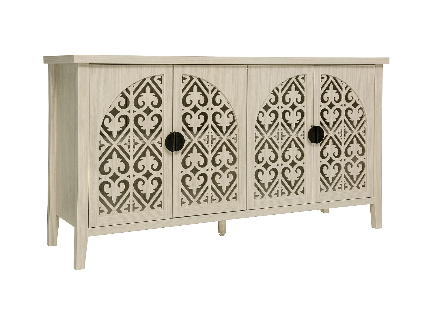 Buffet 4 portes en bois naturel, design perforé, 3 étagères réglables, MDF, naturel (147.6x40x80 cm)