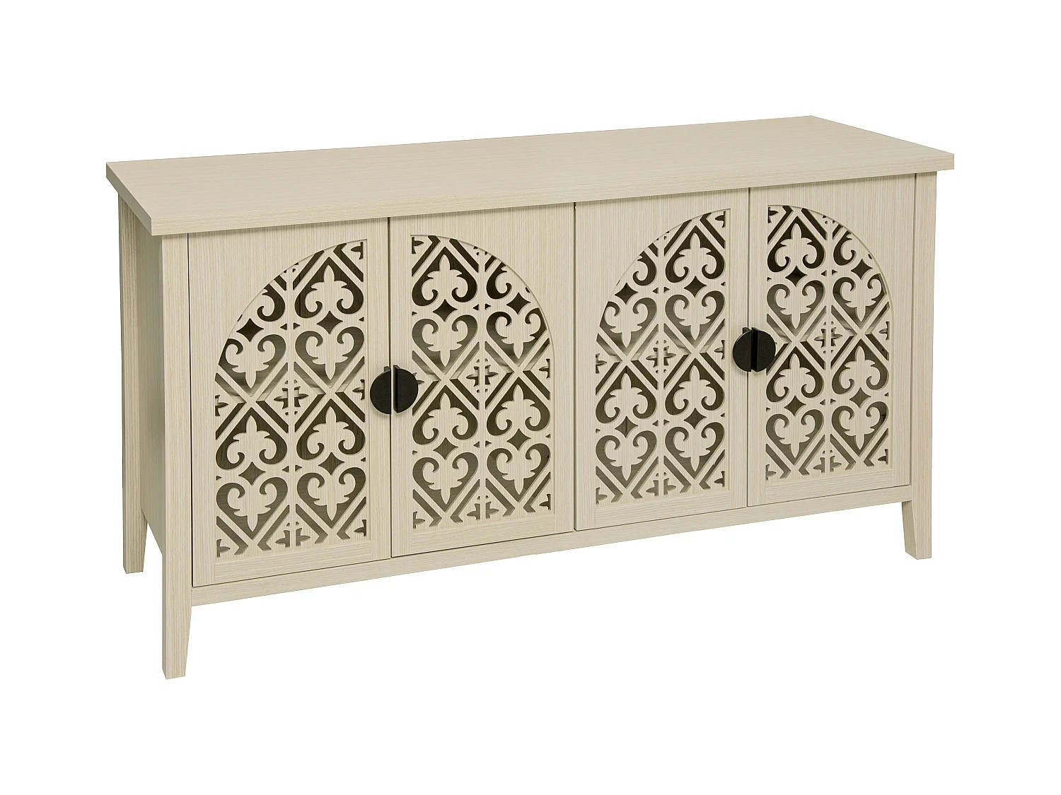 Buffet 4 portes en bois naturel, design perforé, 3 étagères réglables, MDF, naturel (147.6x40x80 cm)