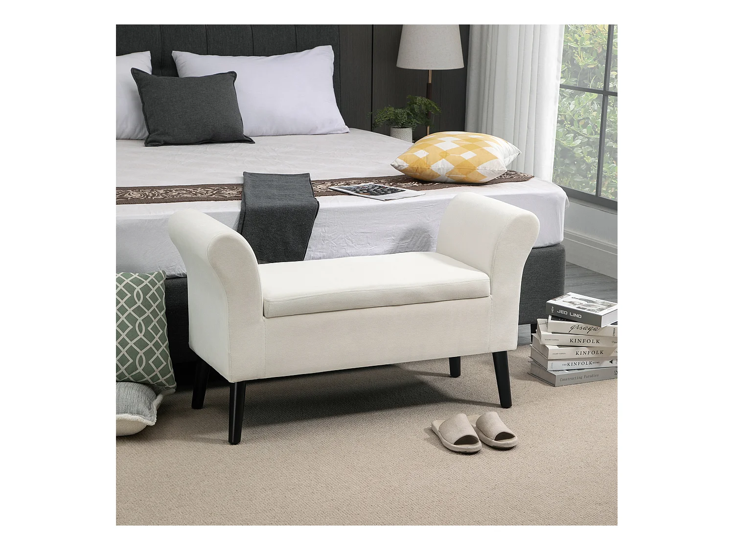 Banc de rangement avec assise rembourrée, polyester velours, blanc crème (111.5x41x65 cm)