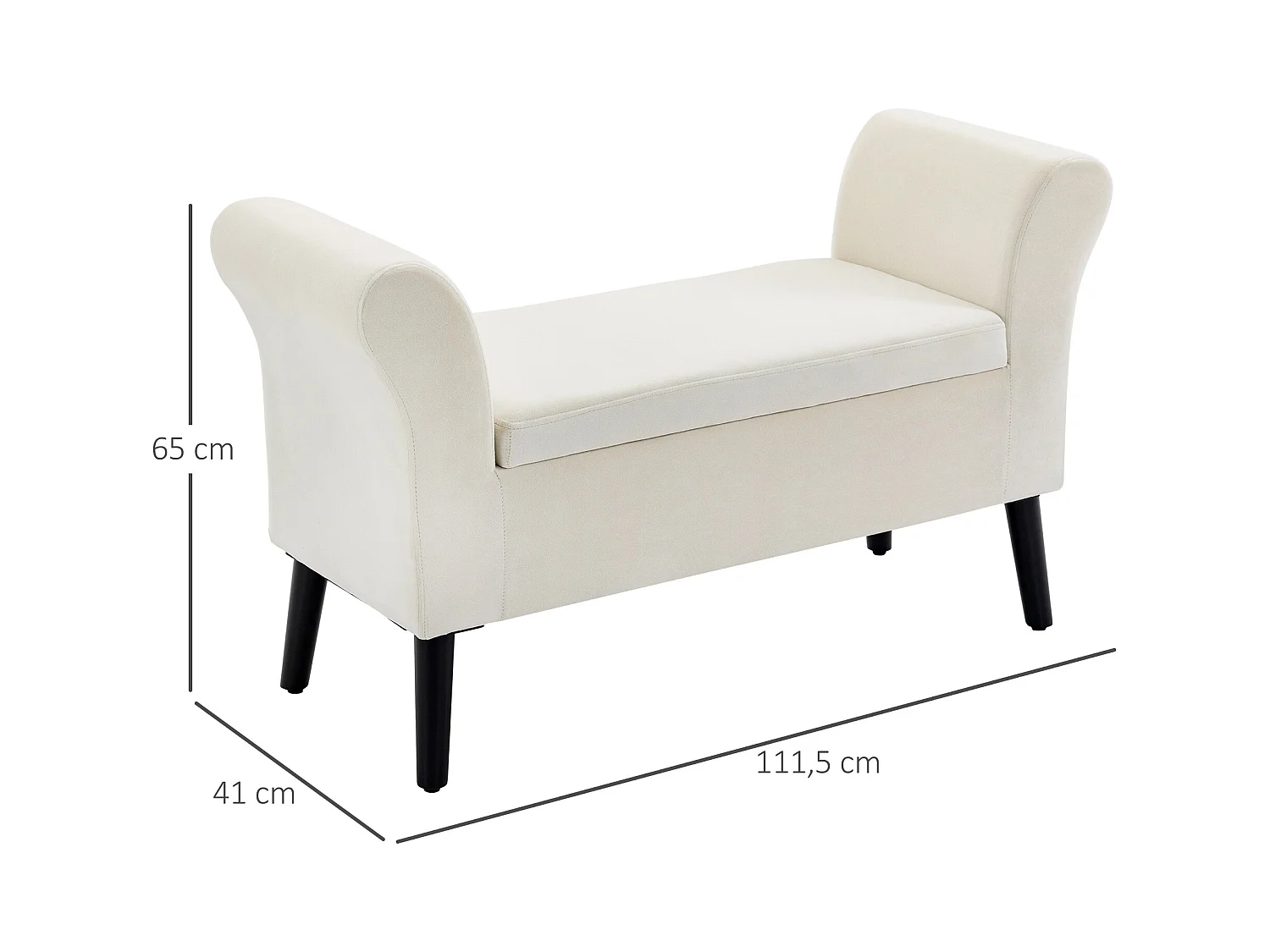 Banc de rangement avec assise rembourrée, polyester velours, blanc crème (111.5x41x65 cm)