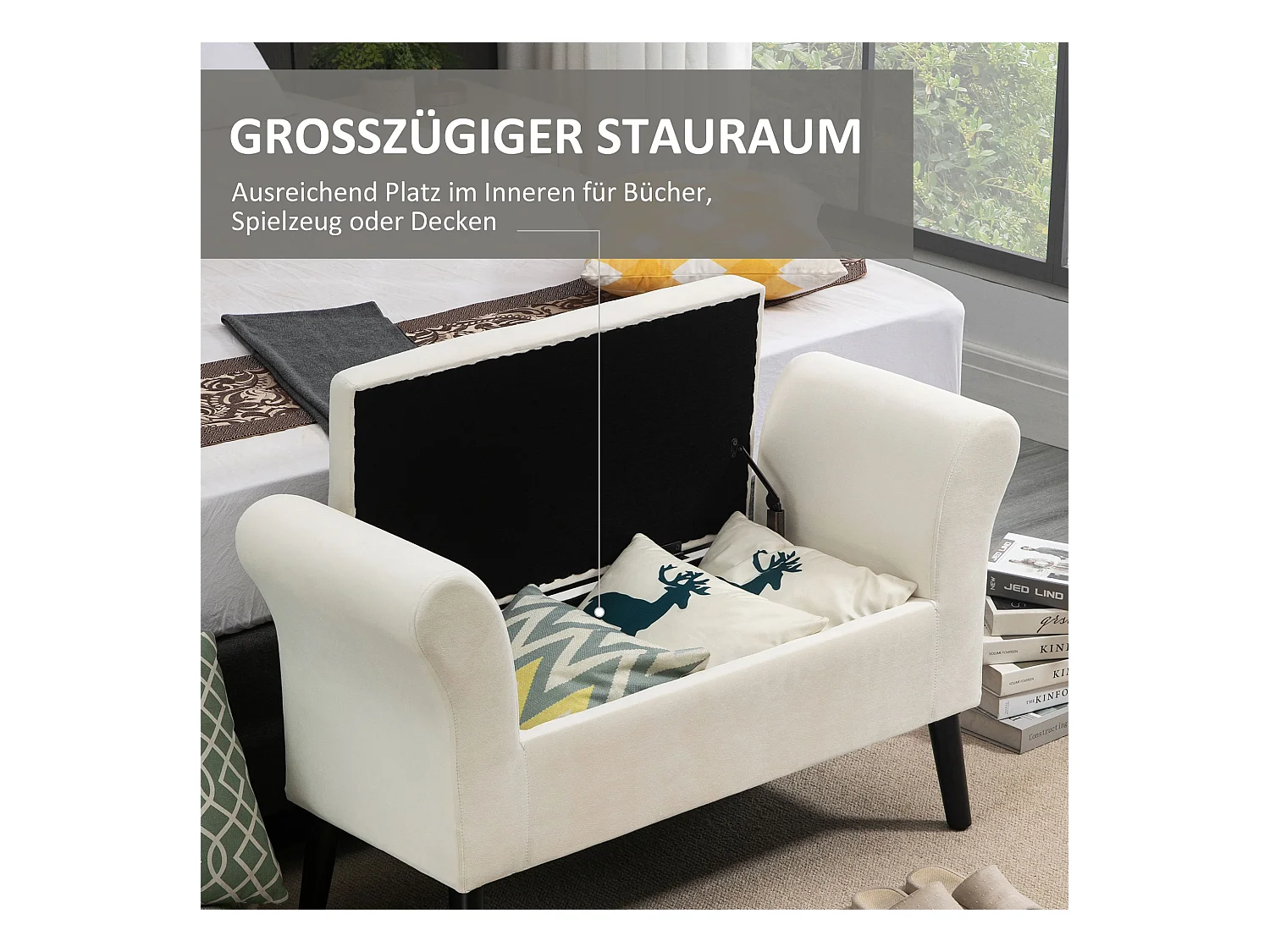Banc de rangement avec assise rembourrée, polyester velours, blanc crème (111.5x41x65 cm)