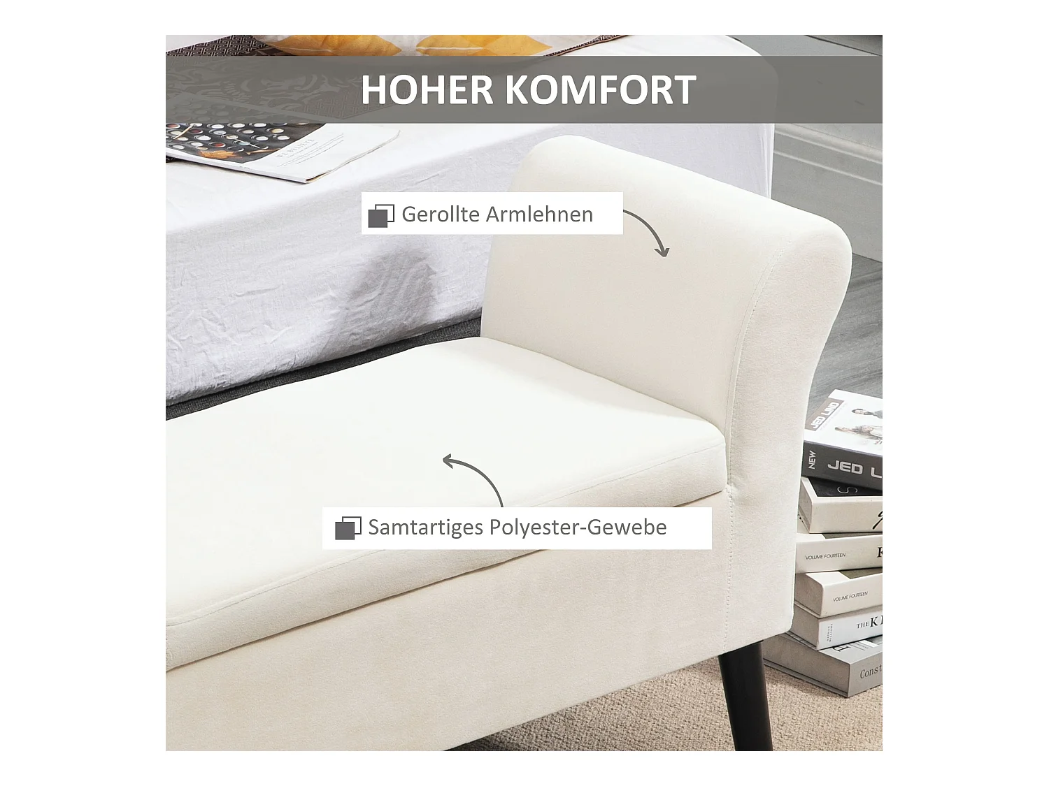 Banc de rangement avec assise rembourrée, polyester velours, blanc crème (111.5x41x65 cm)
