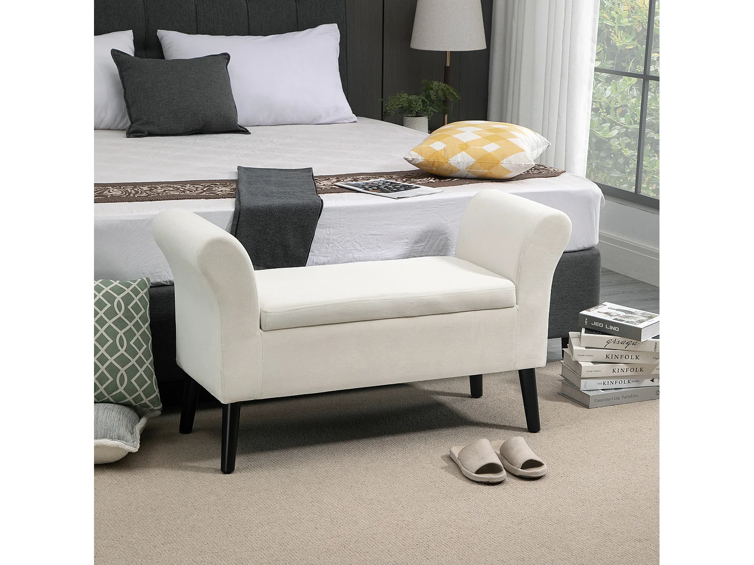 Banc de rangement avec assise rembourrée, polyester velours, blanc crème (111.5x41x65 cm)