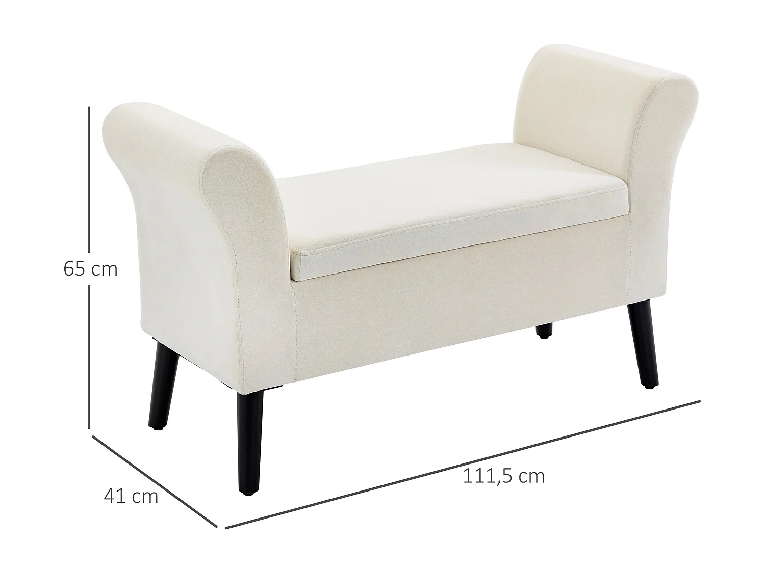 Banc de rangement avec assise rembourrée, polyester velours, blanc crème (111.5x41x65 cm)