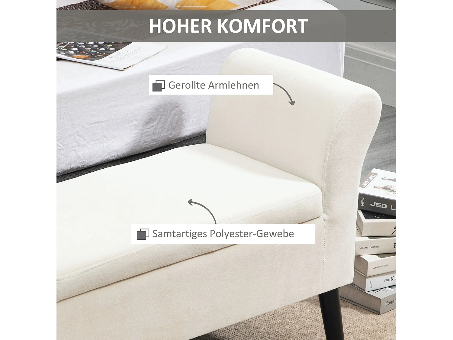 Banc de rangement avec assise rembourrée, polyester velours, blanc crème (111.5x41x65 cm)