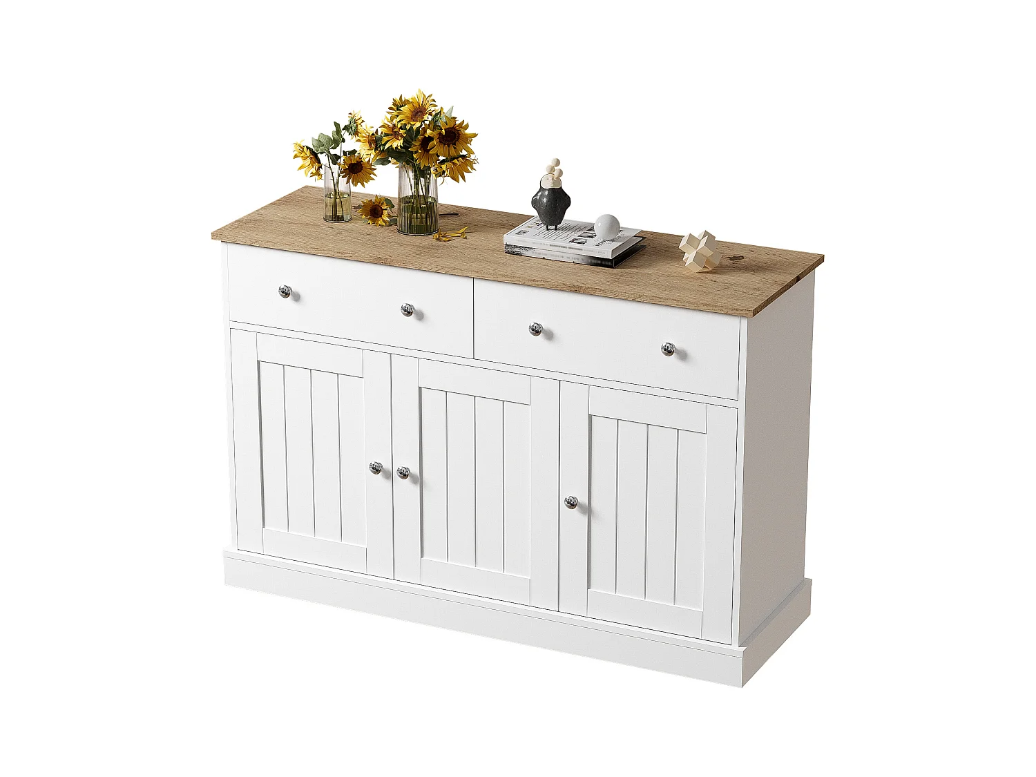 Buffet moderne, design épuré, MDF, blanc et bois, 4 portes et 2 tiroirs (120x36x80.5 cm)