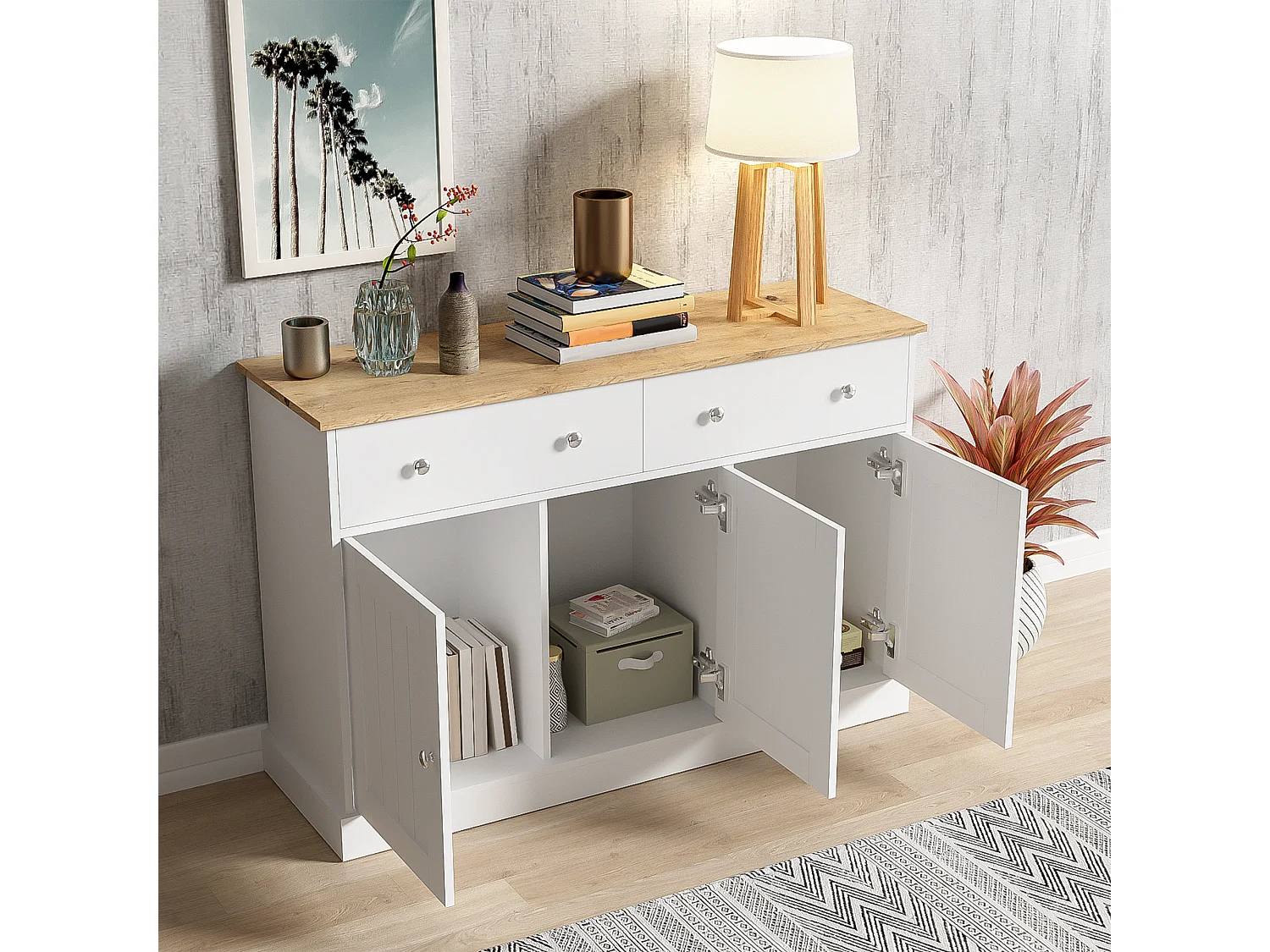 Buffet moderne, design épuré, MDF, blanc et bois, 4 portes et 2 tiroirs (120x36x80.5 cm)