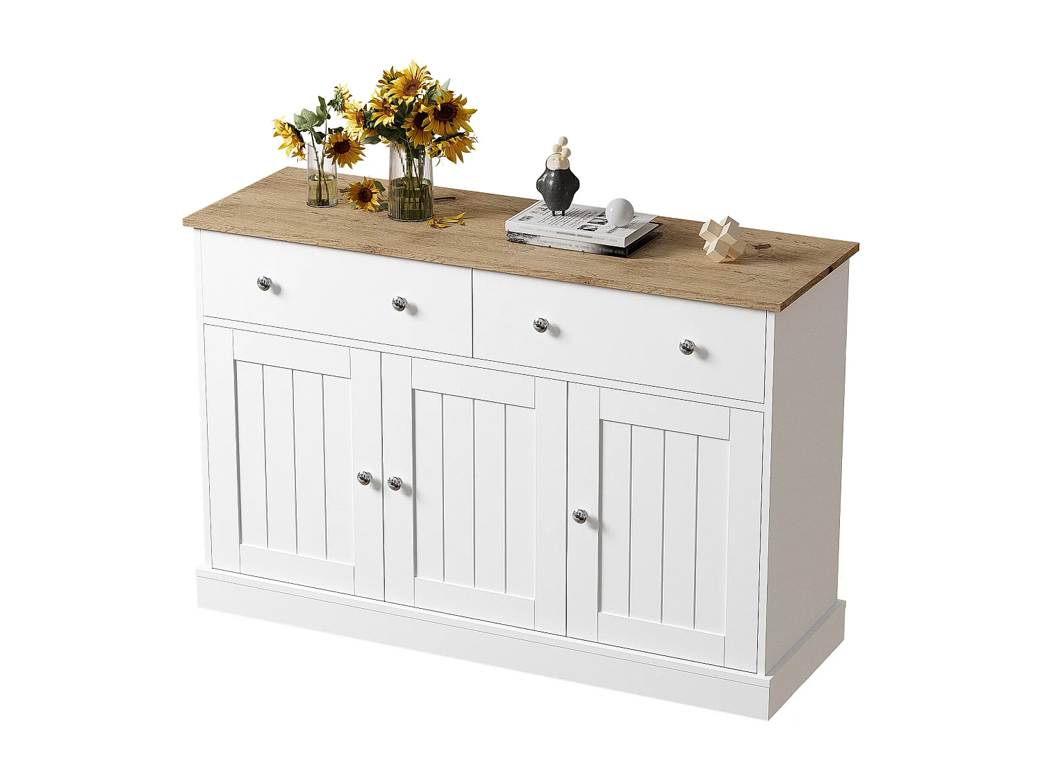 Buffet moderne, design épuré, MDF, blanc et bois, 4 portes et 2 tiroirs (120x36x80.5 cm)