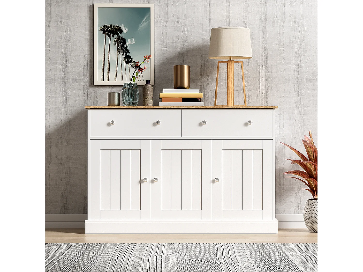 Buffet moderne, design épuré, MDF, blanc et bois, 4 portes et 2 tiroirs (120x36x80.5 cm)