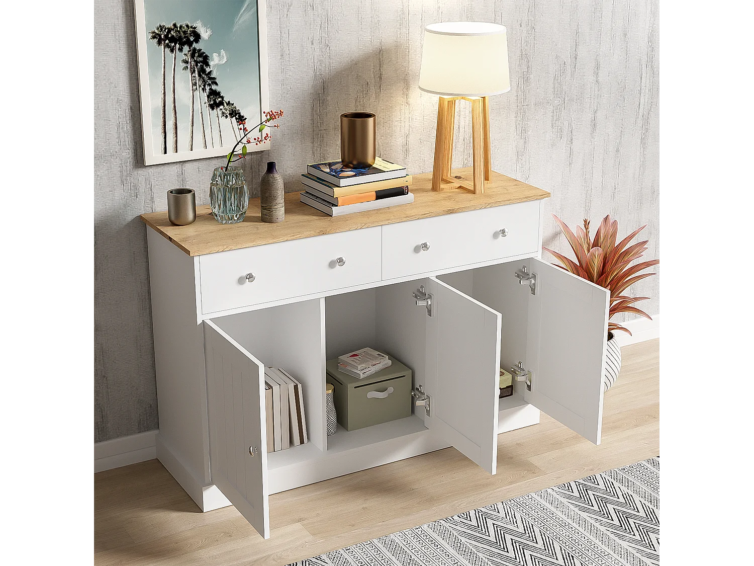 Buffet moderne, design épuré, MDF, blanc et bois, 4 portes et 2 tiroirs (120x36x80.5 cm)