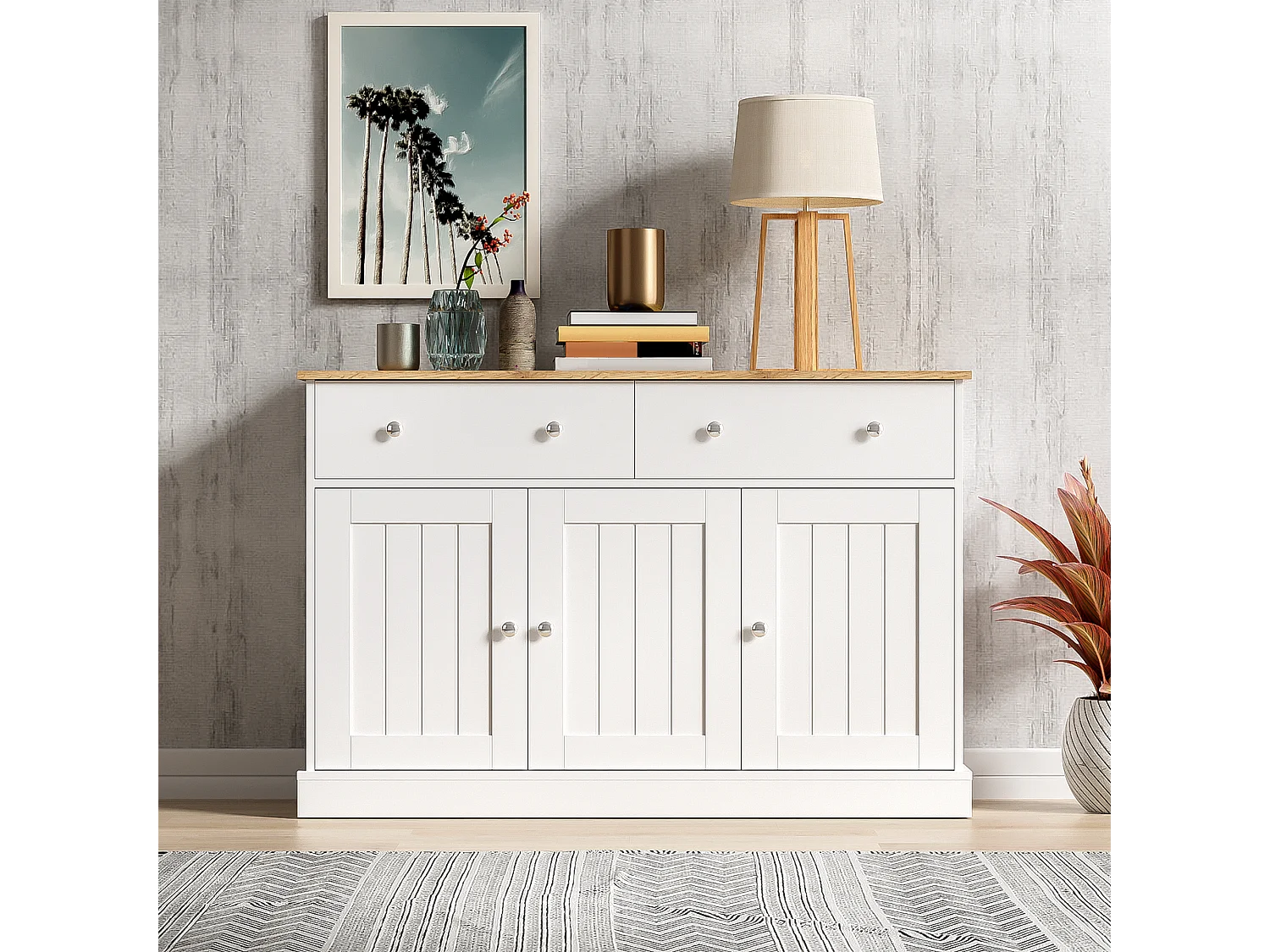 Buffet moderne, design épuré, MDF, blanc et bois, 4 portes et 2 tiroirs (120x36x80.5 cm)