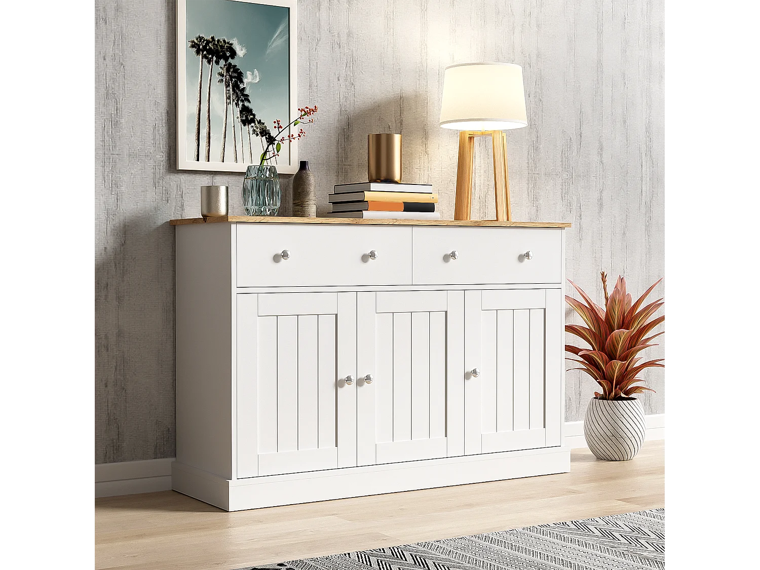 Buffet moderne, design épuré, MDF, blanc et bois, 4 portes et 2 tiroirs (120x36x80.5 cm)