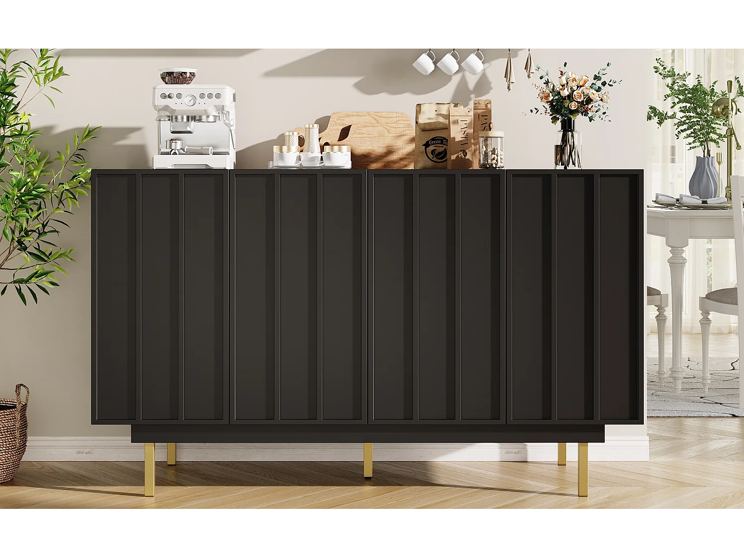 Meuble de rangement pour salle à manger, design minimaliste, MDF, noir, avec 4 portes et 2 tiroirs (140x38.5x82.5 cm)