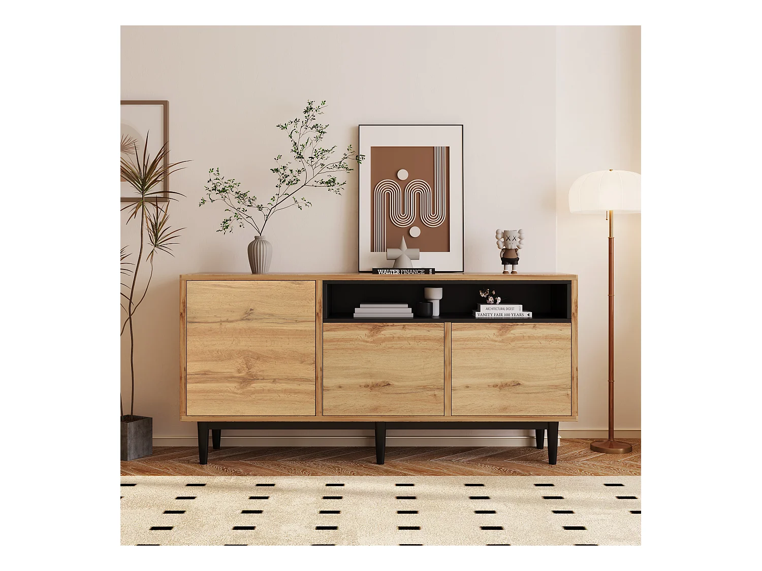 Buffet moderne, design épuré, MDF, noir et bois, 3 portes, 2 tiroirs (160x35x76 cm)