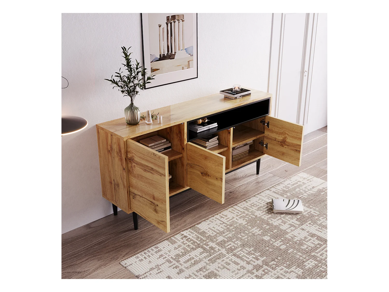 Buffet moderne, design épuré, MDF, noir et bois, 3 portes, 2 tiroirs (160x35x76 cm)