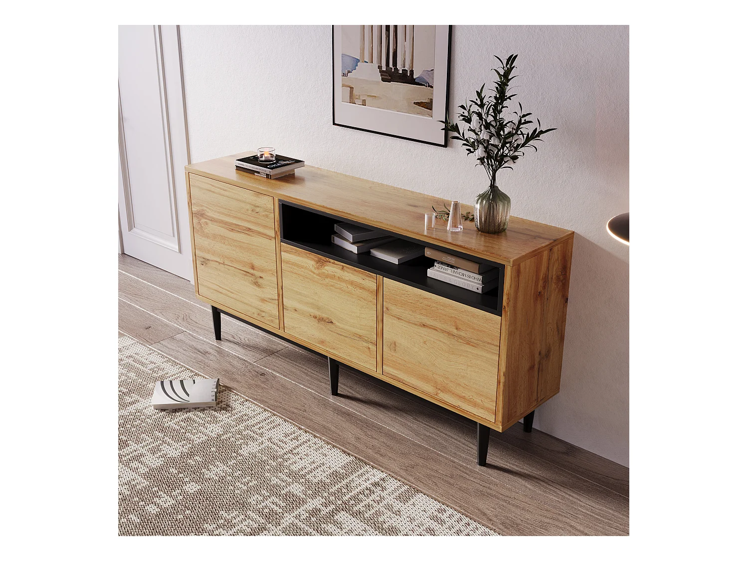 Buffet moderne, design épuré, MDF, noir et bois, 3 portes, 2 tiroirs (160x35x76 cm)