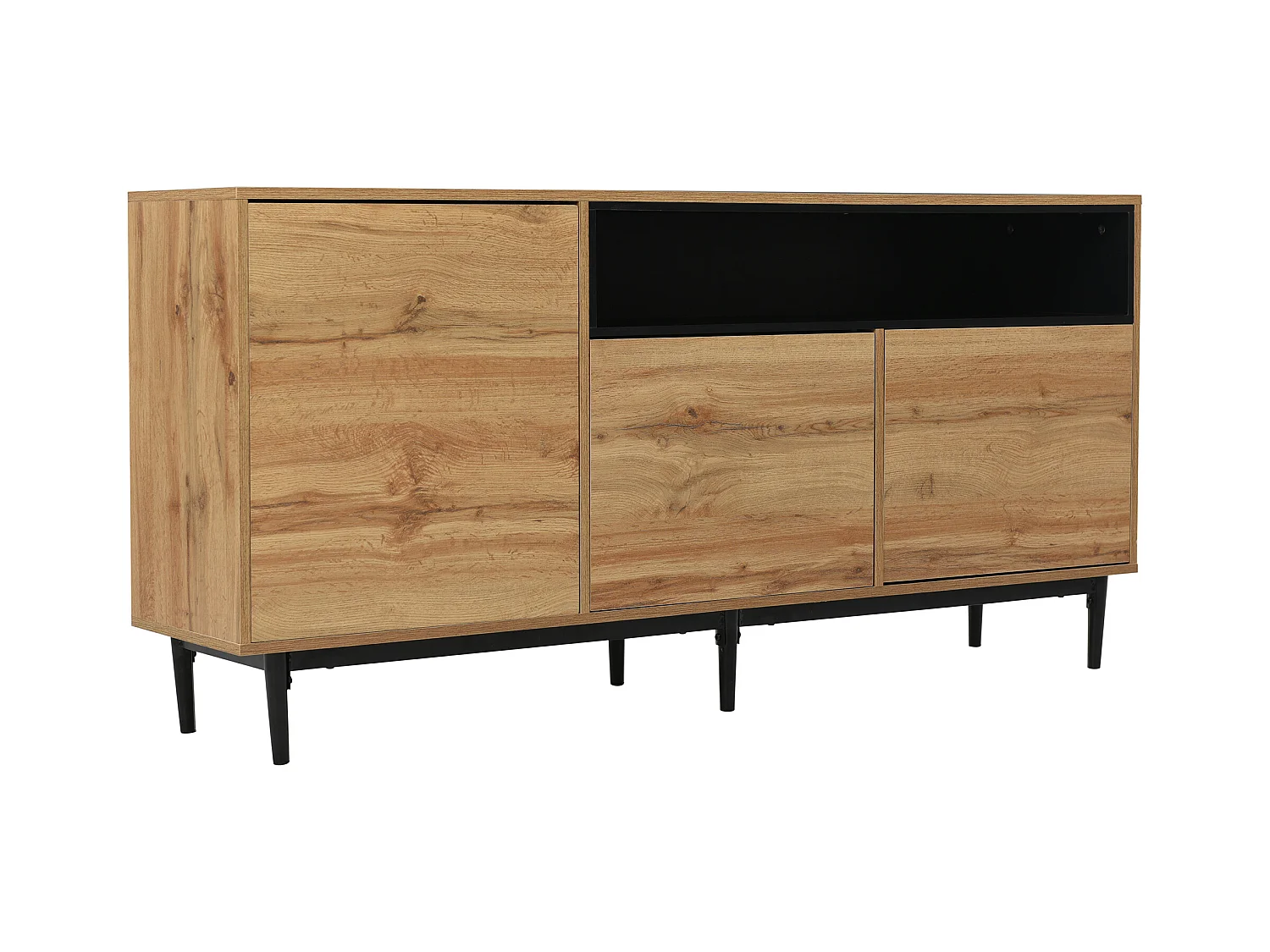 Buffet moderne, design épuré, MDF, noir et bois, 3 portes, 2 tiroirs (160x35x76 cm)