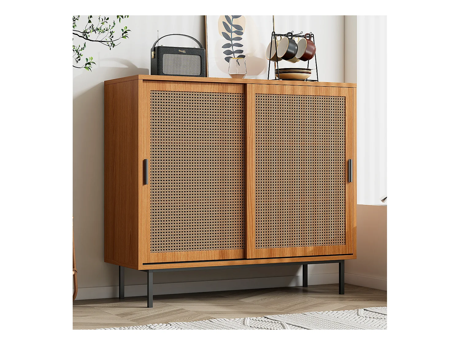 Buffet avec 2 portes, design moderne, bois, couleur noyer, avec étagères réglables (100x40x90 cm)