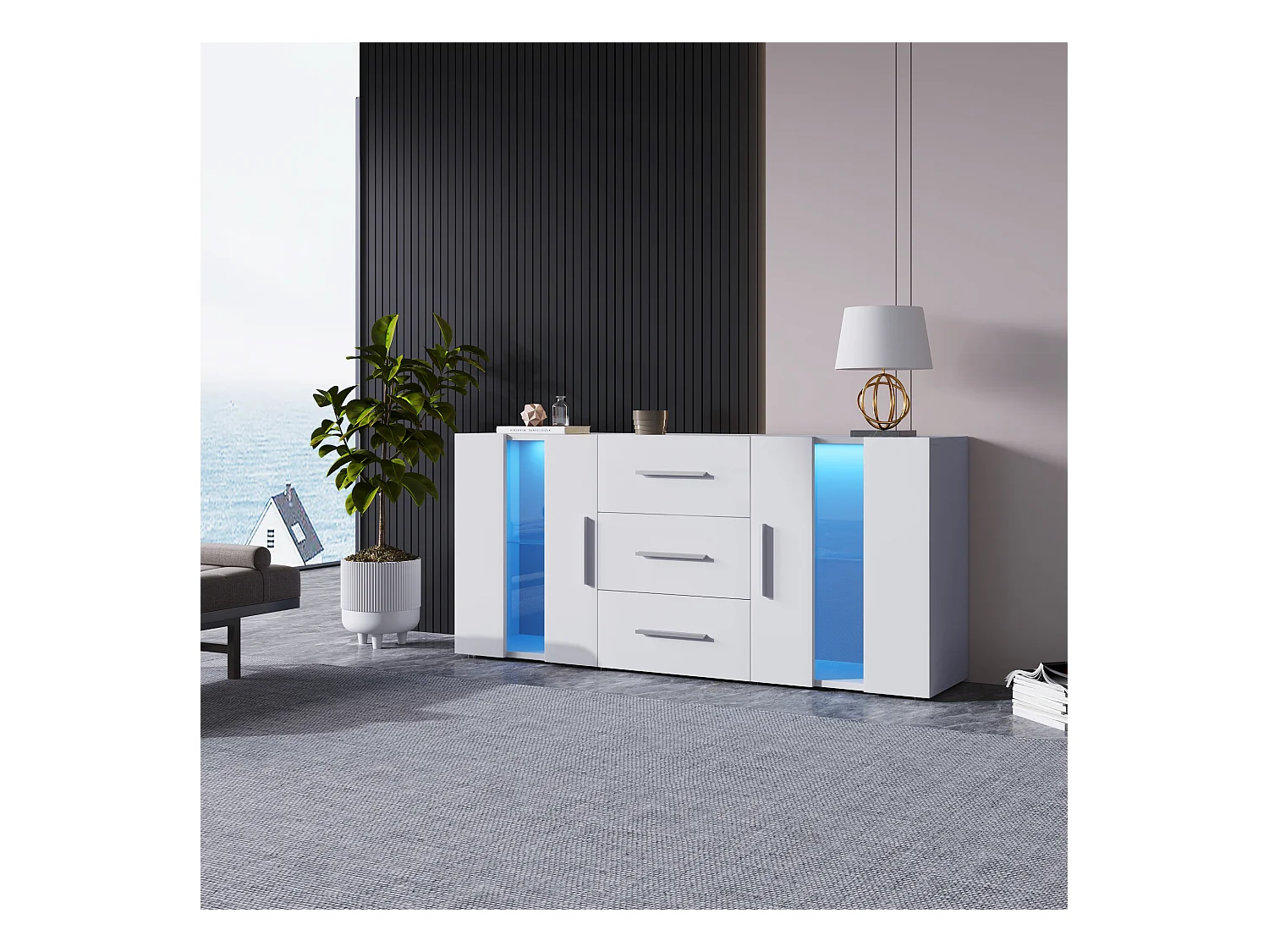 Buffet avec 16 couleurs LED, 2 Portes, 2 Tiroirs, MDF, Chêne, (140x35x70 cm)