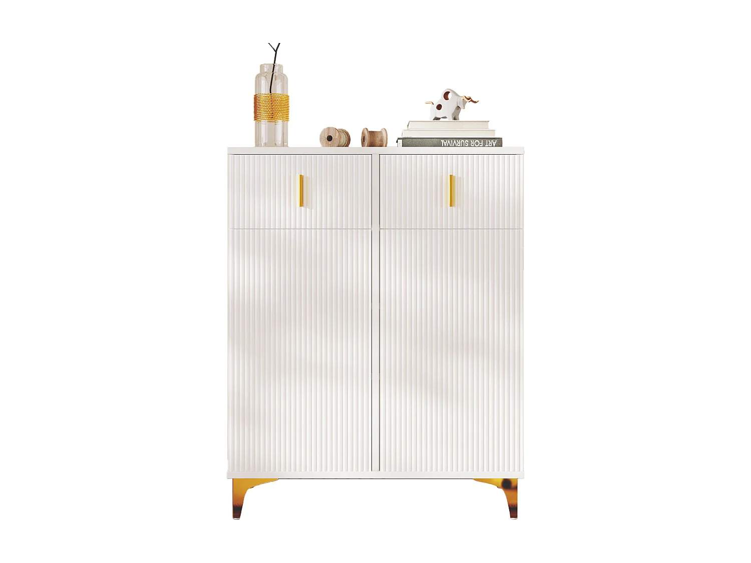 Buffet avec 3 portes coulissantes en rotin, 2 tiroirs, MDF, blanc (83x35x101 cm)
