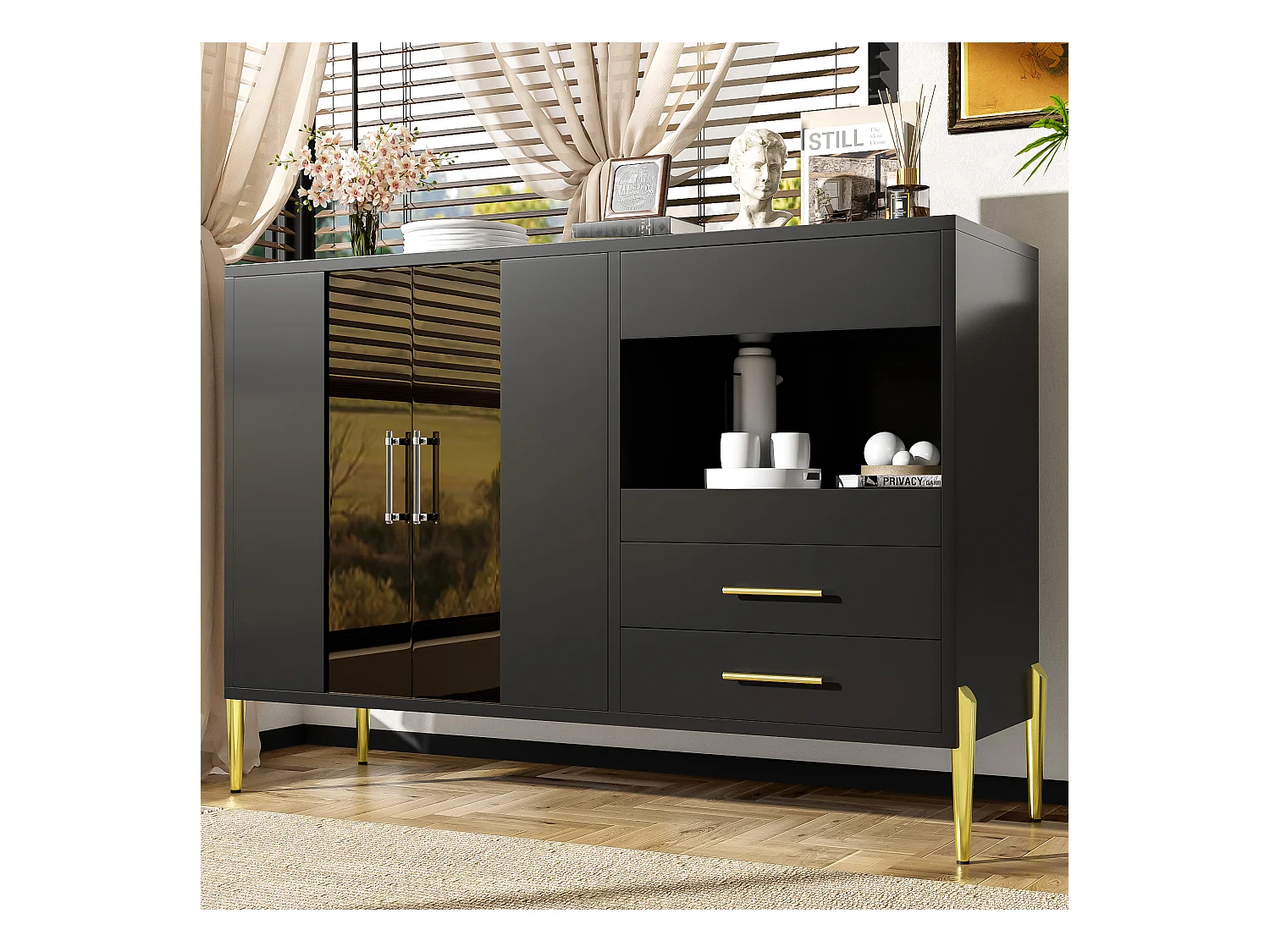 Buffet moderne avec portes en verre, 6 tiroirs, design noir et doré, MDF (120x39.5x84 cm)
