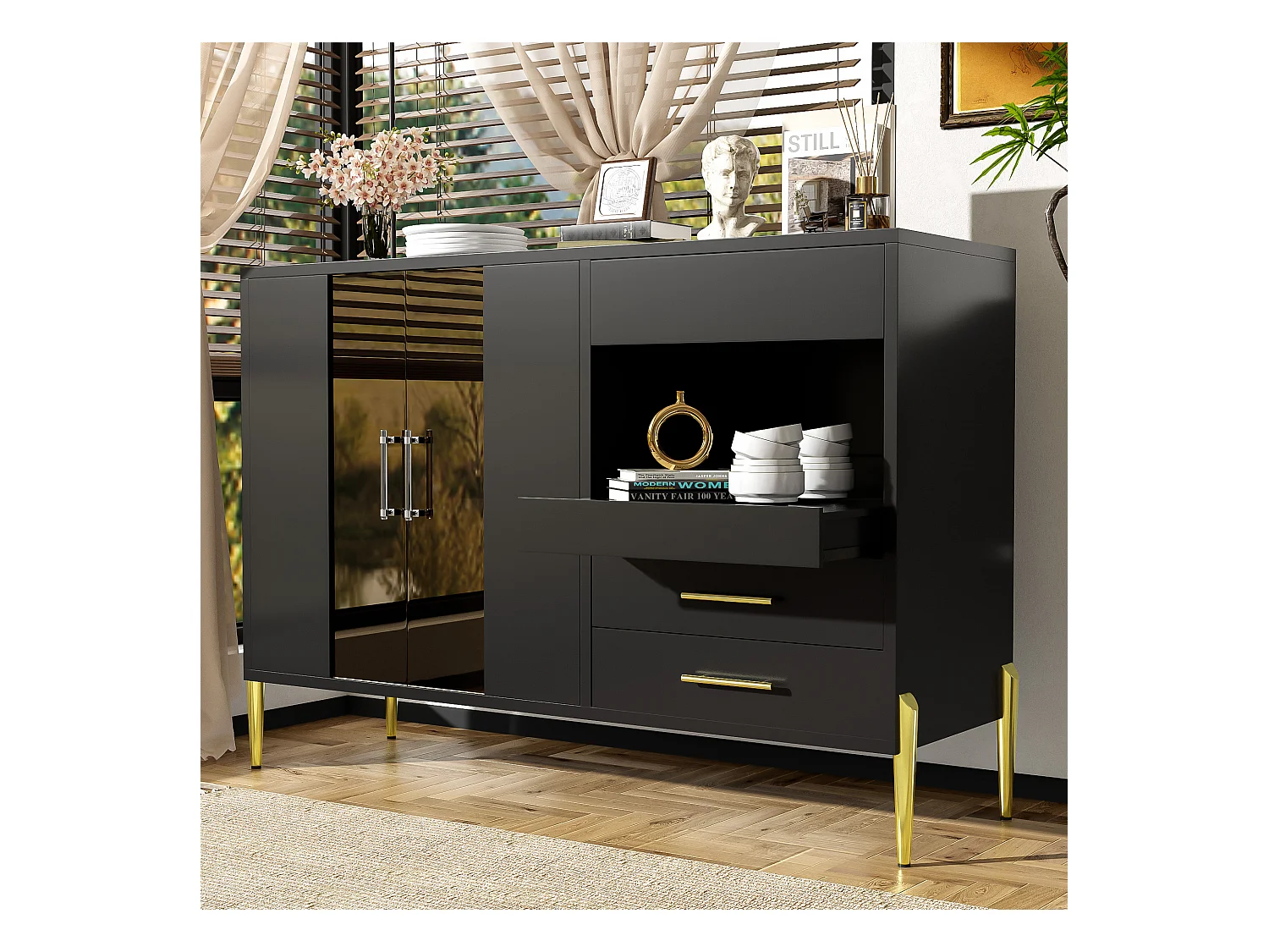 Buffet moderne avec portes en verre, 6 tiroirs, design noir et doré, MDF (120x39.5x84 cm)
