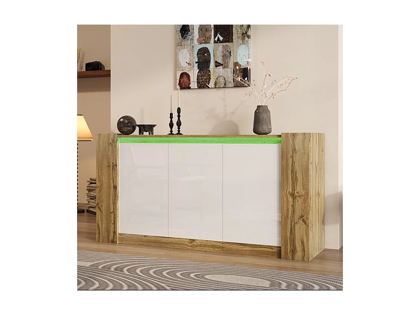 Buffet moderne avec 3 portes en bois, design sans poignées, haut en gloss blanc, avec étagères réglables et LED (150x40x70.5 cm)