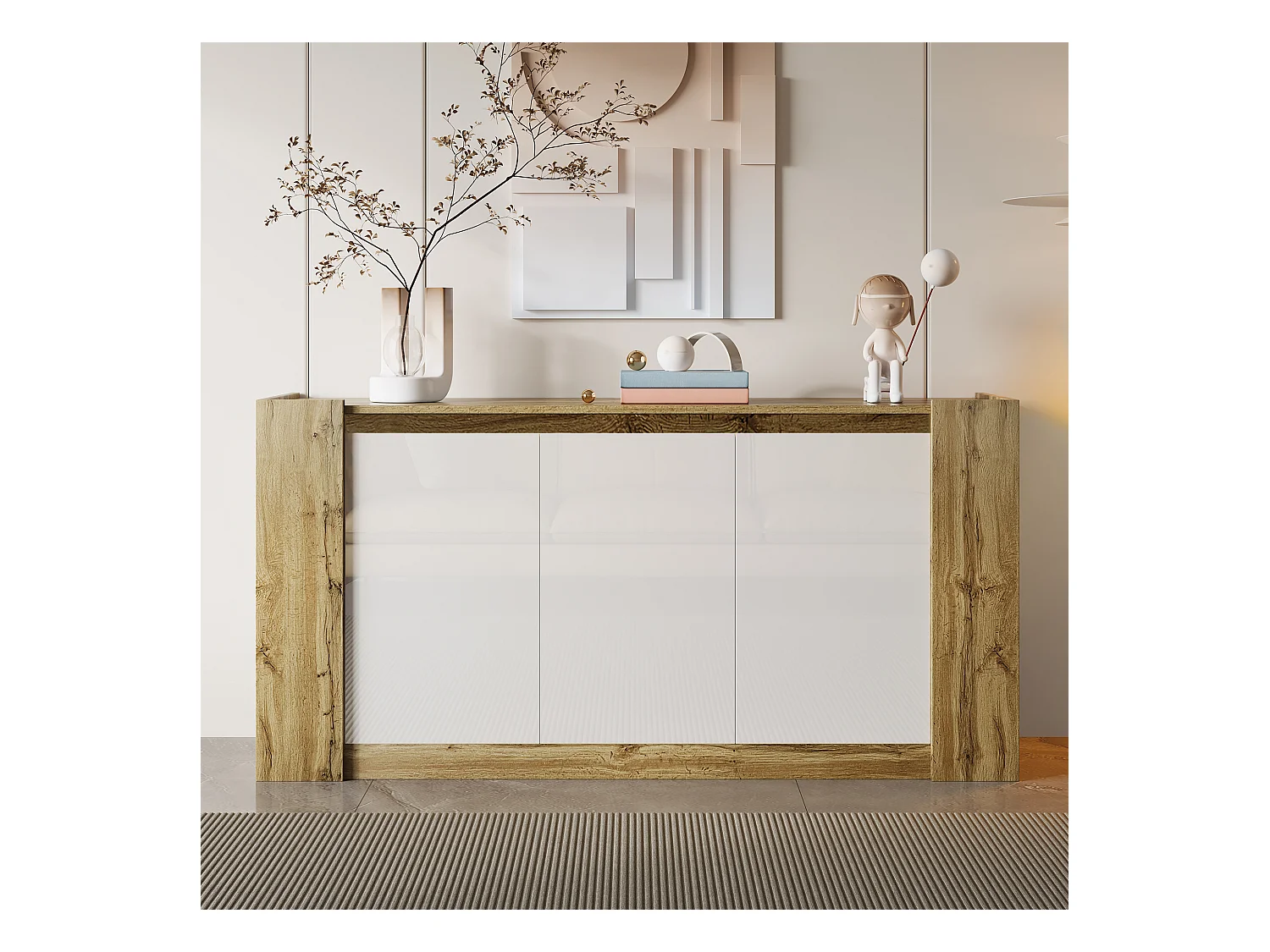 Buffet moderne avec 3 portes en bois, design sans poignées, haut en gloss blanc, avec étagères réglables et LED (150x40x70.5 cm)