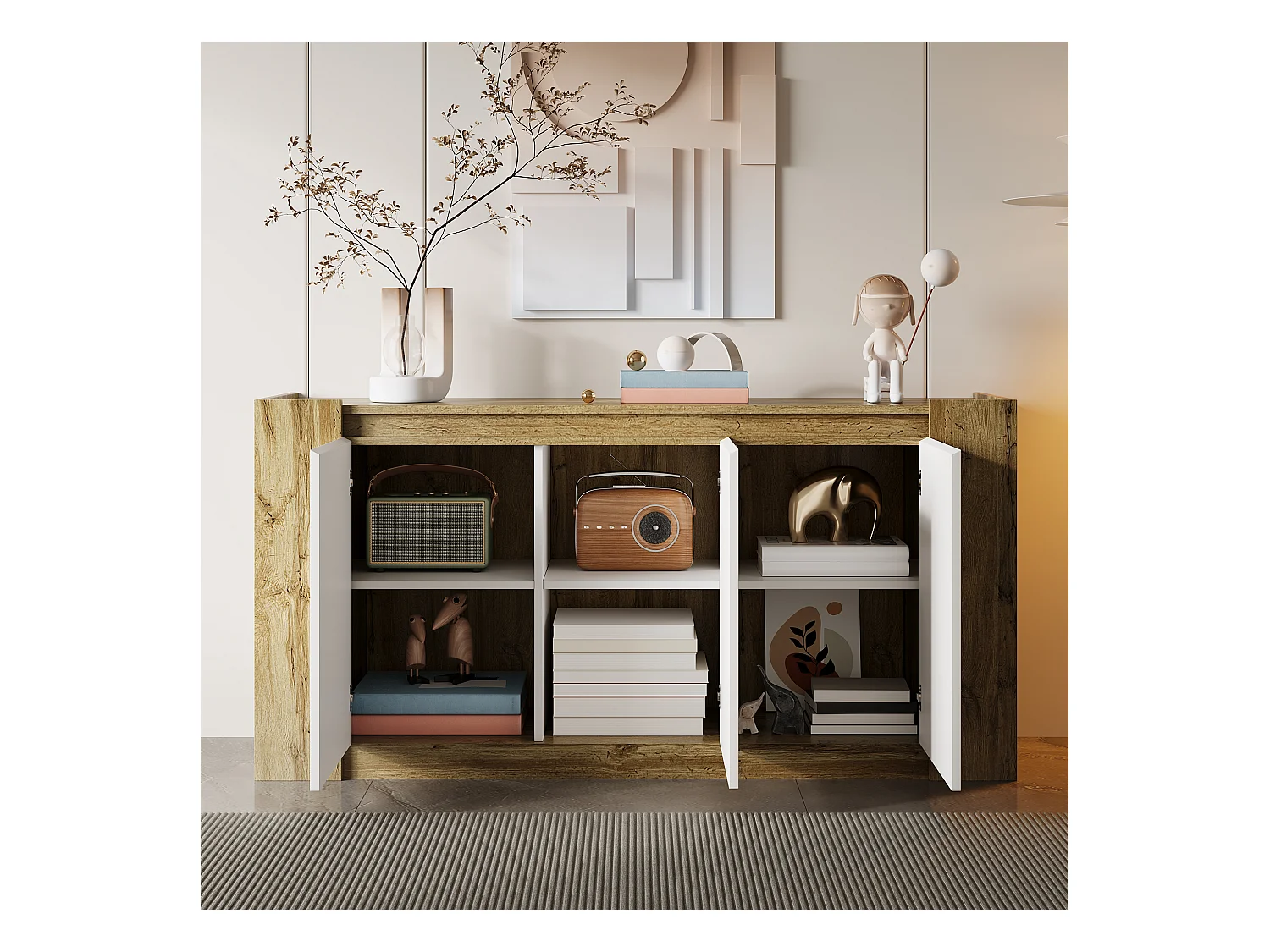 Buffet moderne avec 3 portes en bois, design sans poignées, haut en gloss blanc, avec étagères réglables et LED (150x40x70.5 cm)