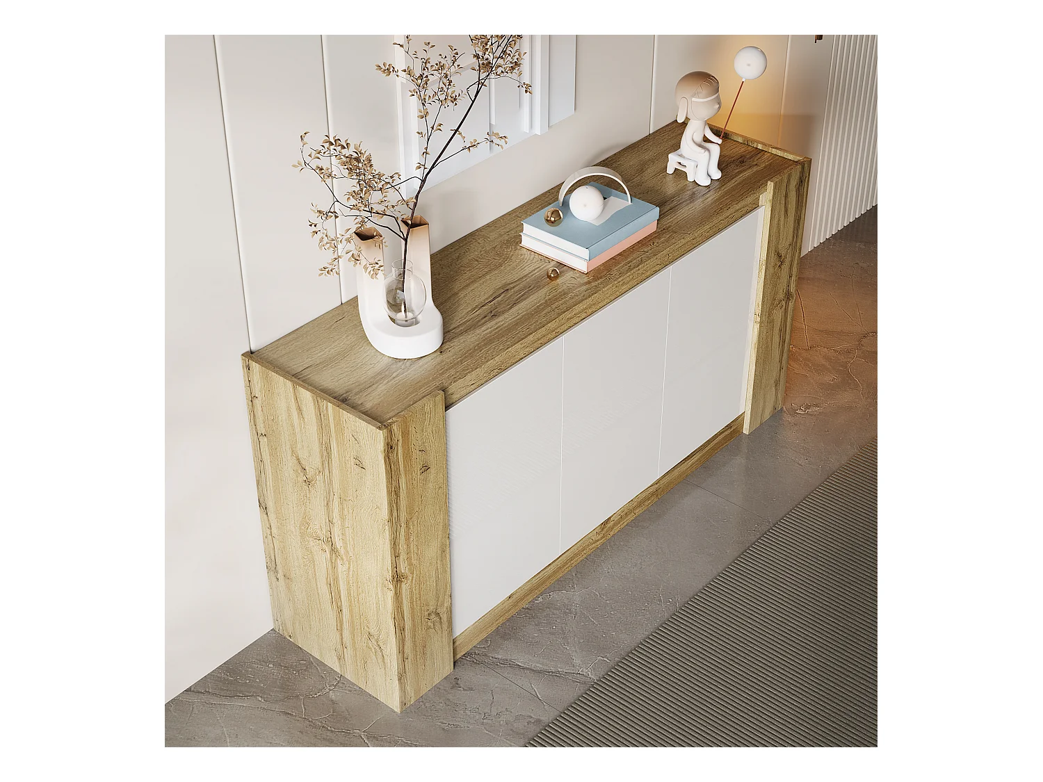 Buffet moderne avec 3 portes en bois, design sans poignées, haut en gloss blanc, avec étagères réglables et LED (150x40x70.5 cm)