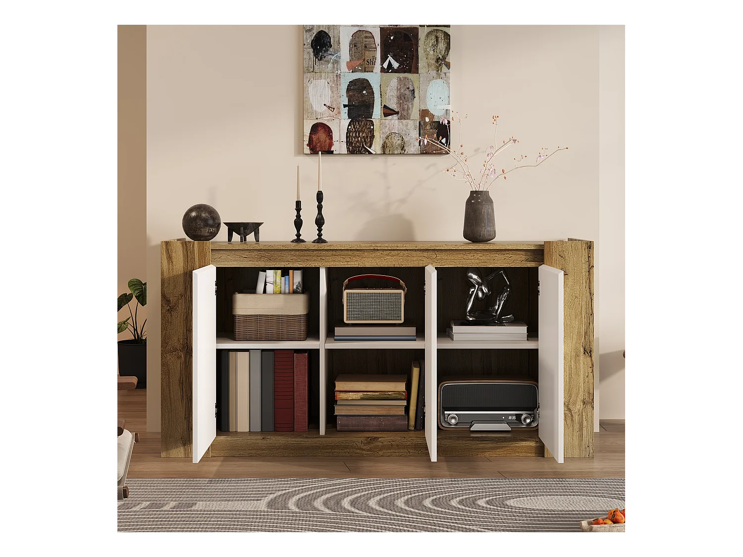 Buffet moderne avec 3 portes en bois, design sans poignées, haut en gloss blanc, avec étagères réglables et LED (150x40x70.5 cm)