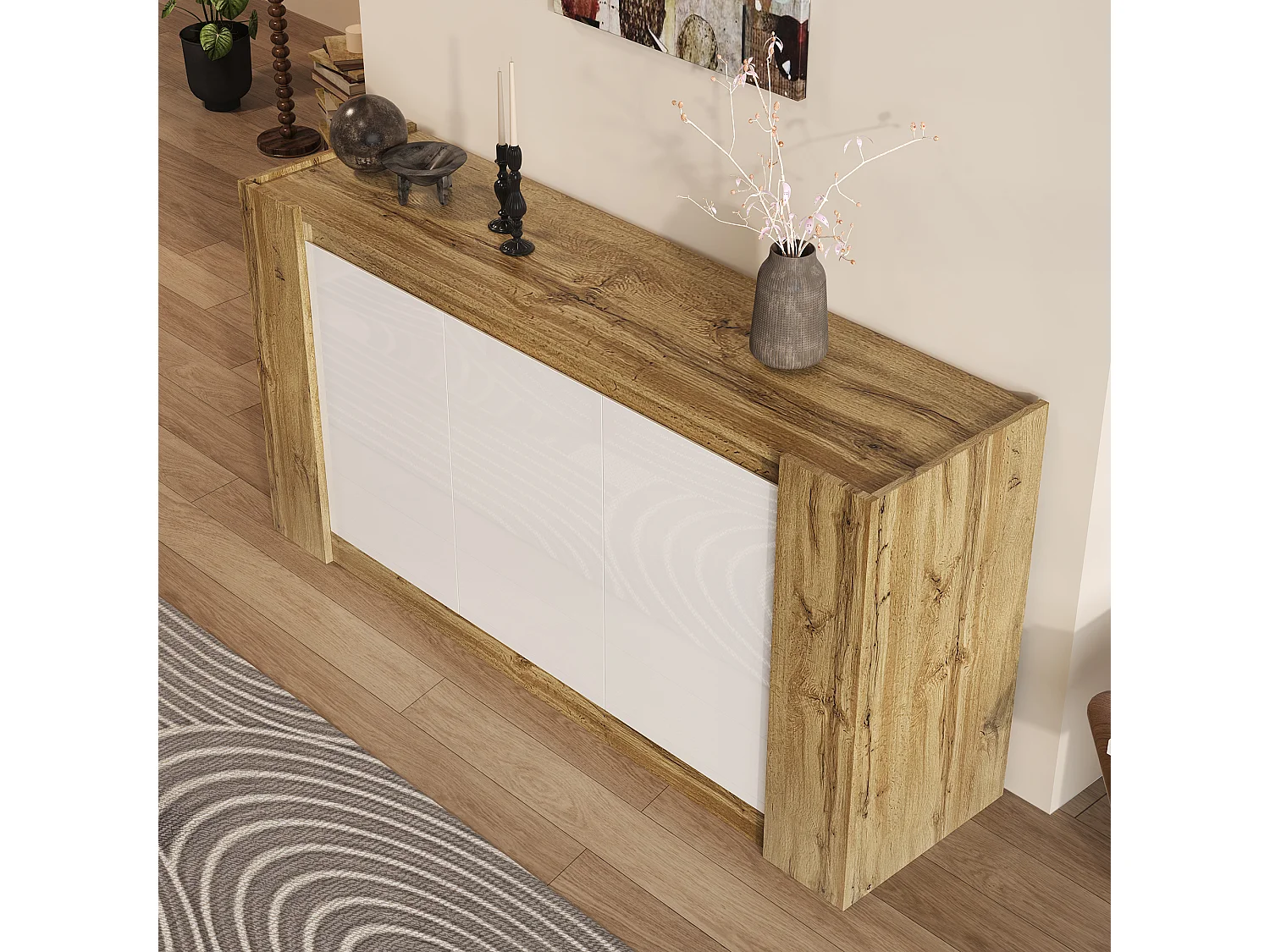 Buffet moderne avec 3 portes en bois, design sans poignées, haut en gloss blanc, avec étagères réglables et LED (150x40x70.5 cm)