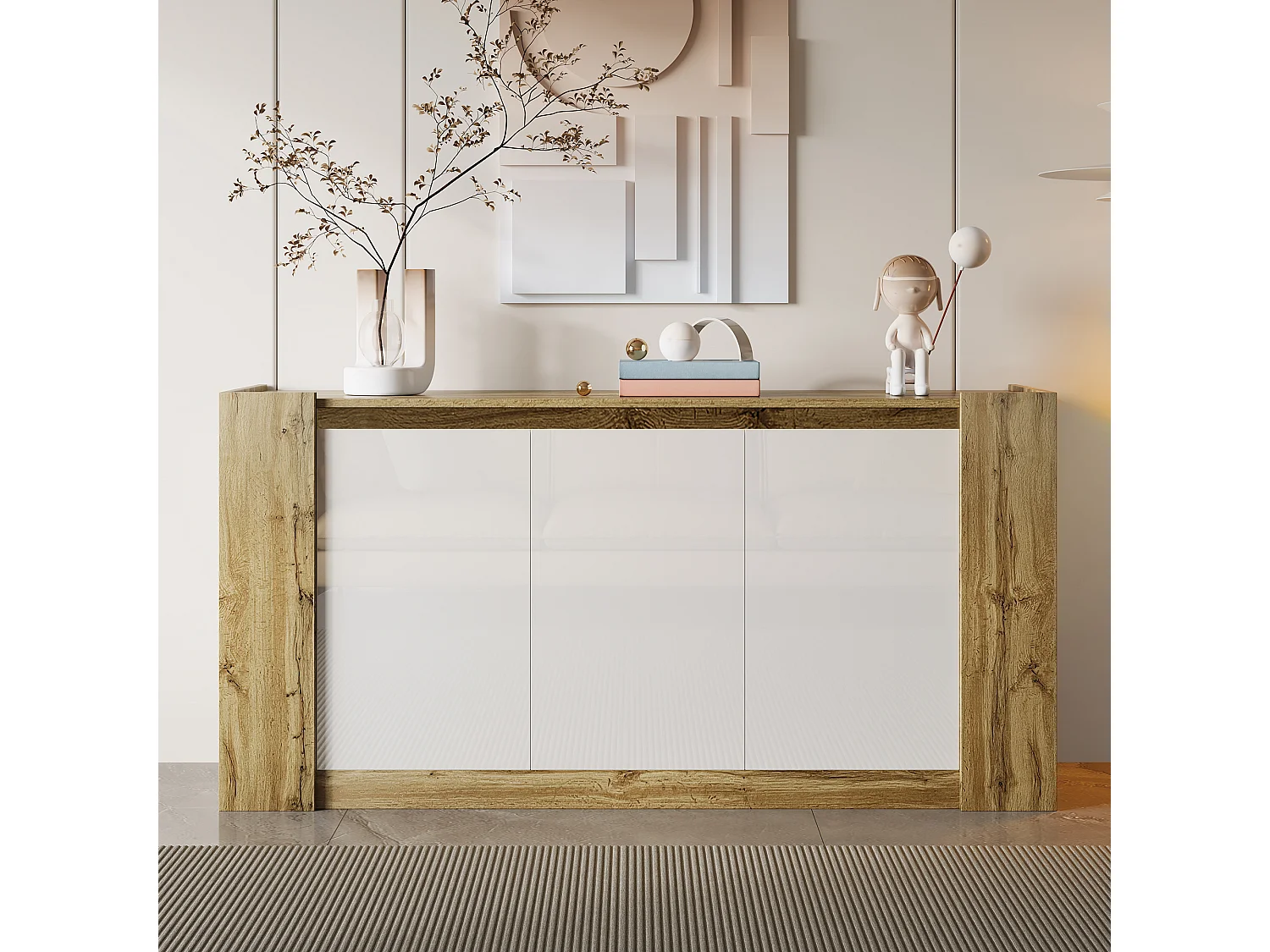 Modern dressoir met 3 houten deuren, greeploos design, wit hoogglans bovenblad, met verstelbare planken en LED (150x40x70,5 cm)