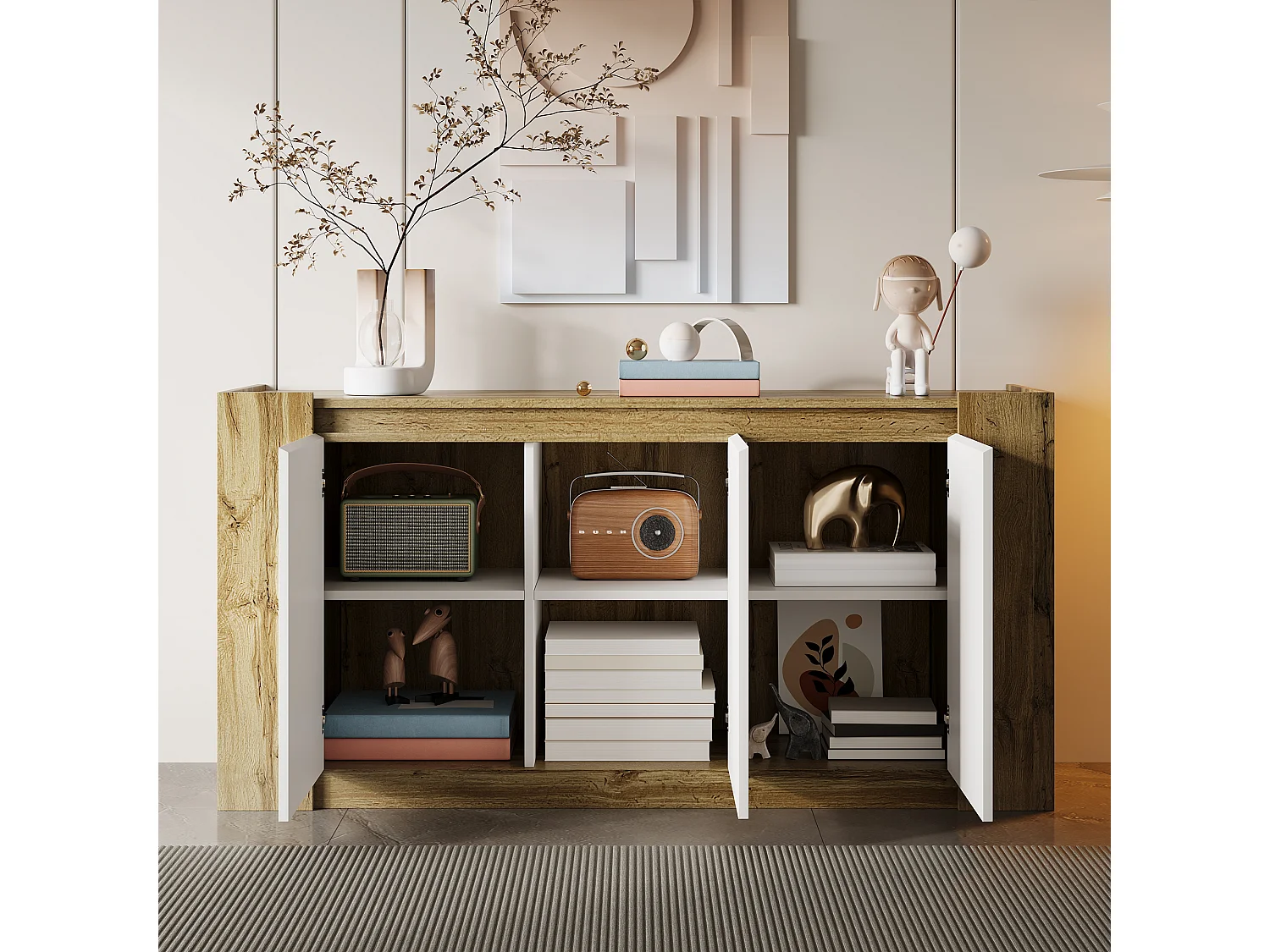 Modern dressoir met 3 houten deuren, greeploos design, wit hoogglans bovenblad, met verstelbare planken en LED (150x40x70,5 cm)