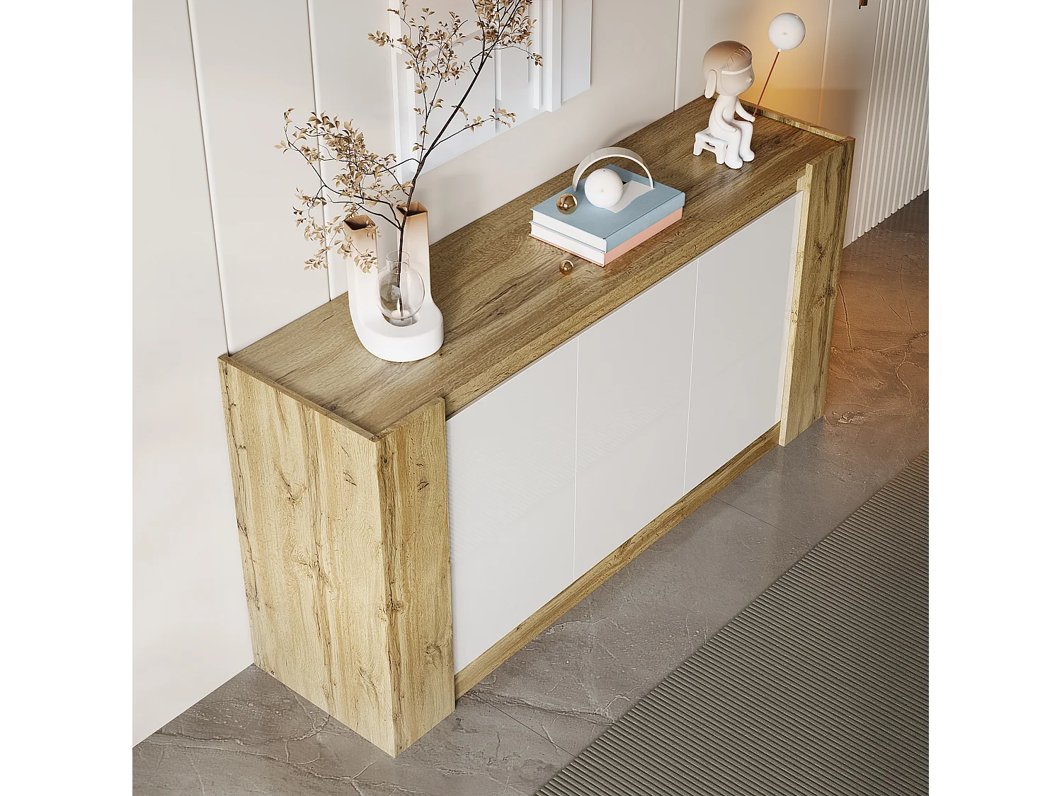 Modern dressoir met 3 houten deuren, greeploos design, wit hoogglans bovenblad, met verstelbare planken en LED (150x40x70,5 cm)