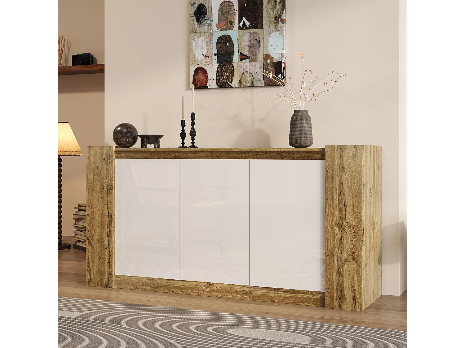 Modern dressoir met 3 houten deuren, greeploos design, wit hoogglans bovenblad, met verstelbare planken en LED (150x40x70,5 cm)