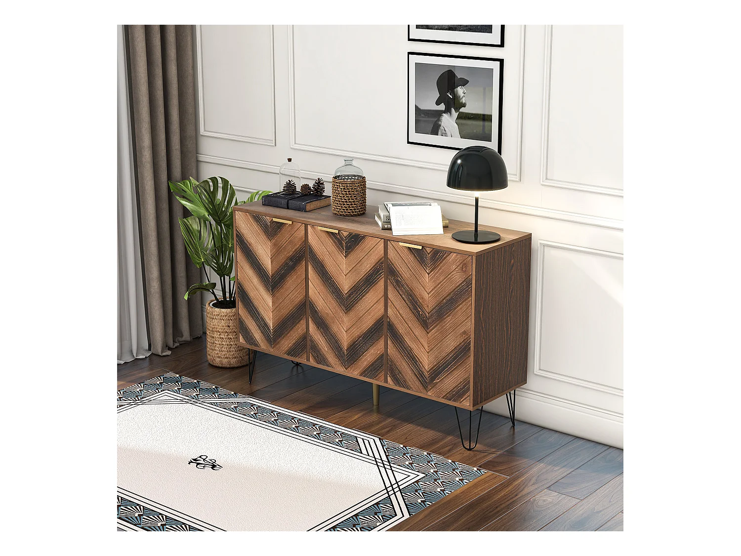 Buffet avec 3 portes, design élégant, portes en bois et détails dorés, MDF, naturel et noir (120x38x76.5 cm)