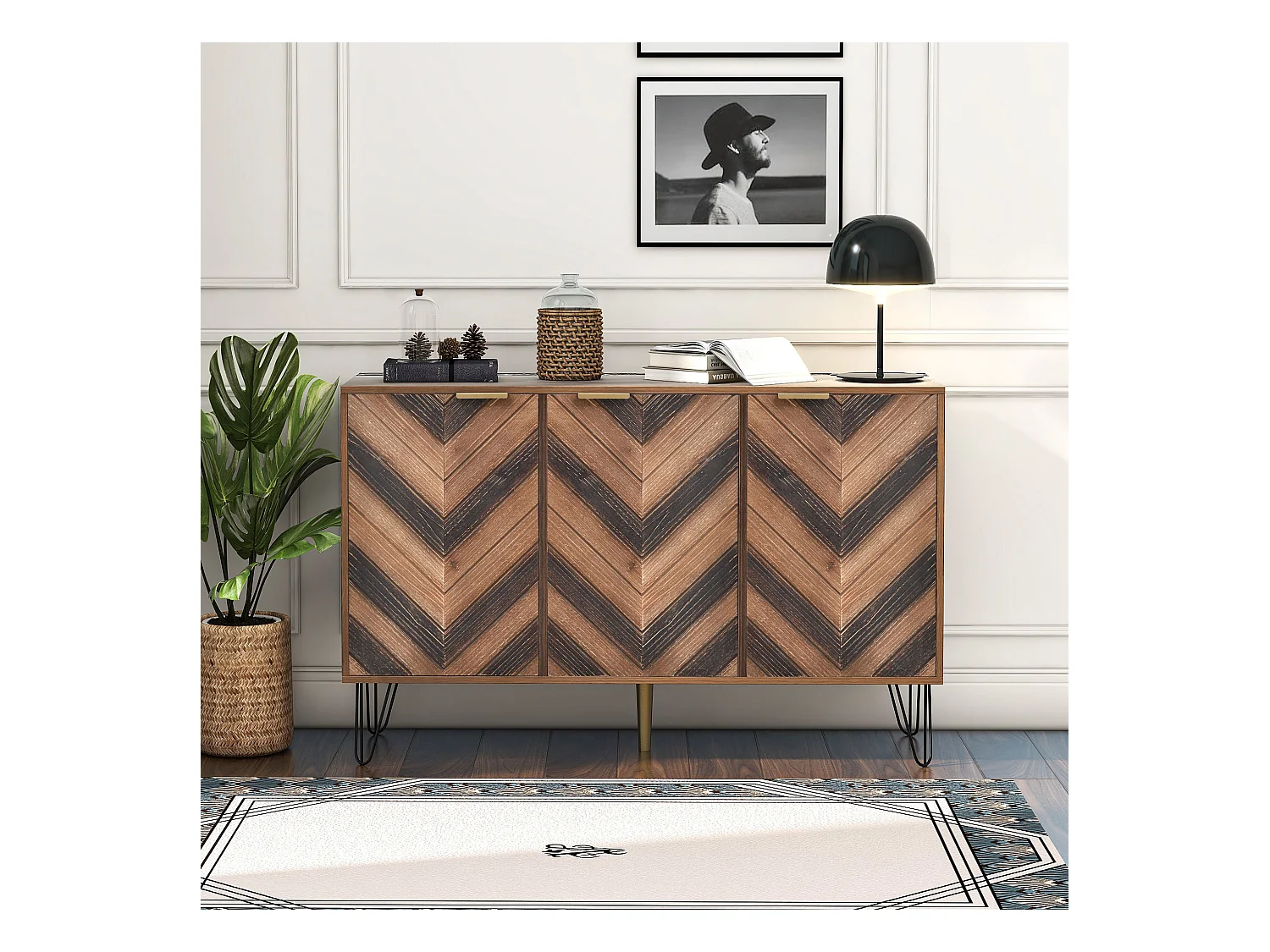 Buffet avec 3 portes, design élégant, portes en bois et détails dorés, MDF, naturel et noir (120x38x76.5 cm)