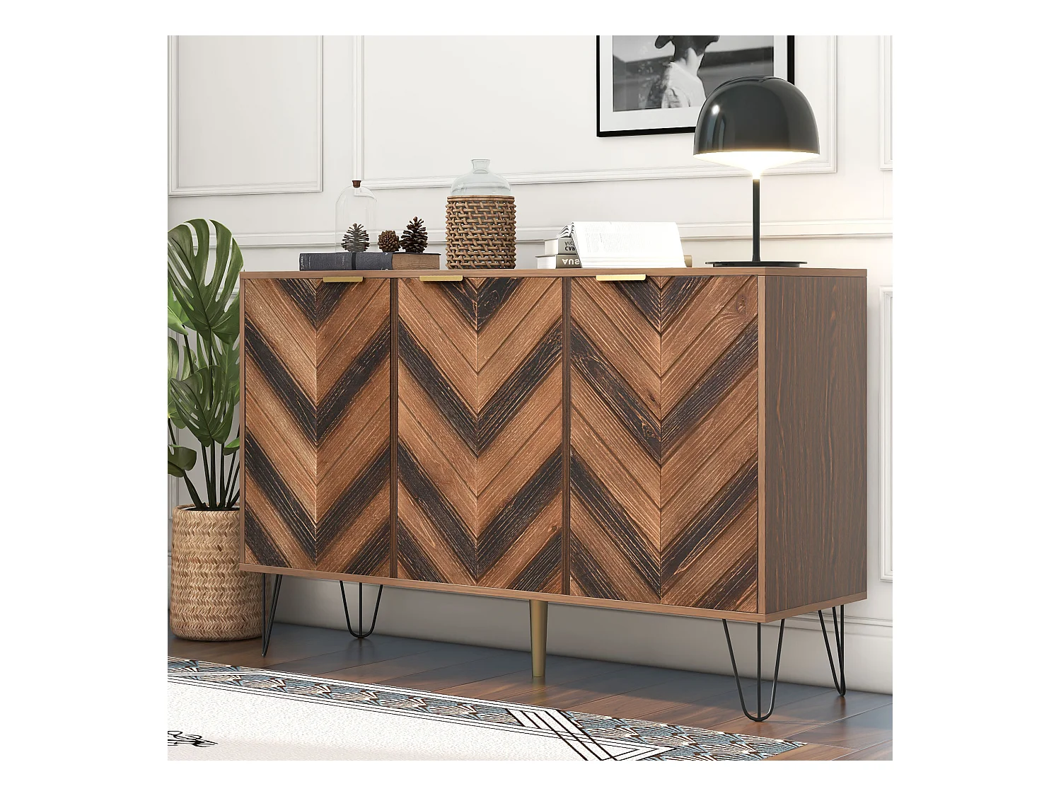 Buffet avec 3 portes, design élégant, portes en bois et détails dorés, MDF, naturel et noir (120x38x76.5 cm)