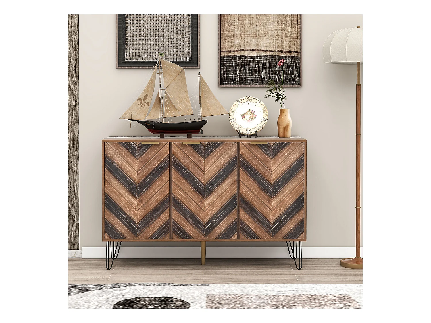 Buffet avec 3 portes, design élégant, portes en bois et détails dorés, MDF, naturel et noir (120x38x76.5 cm)