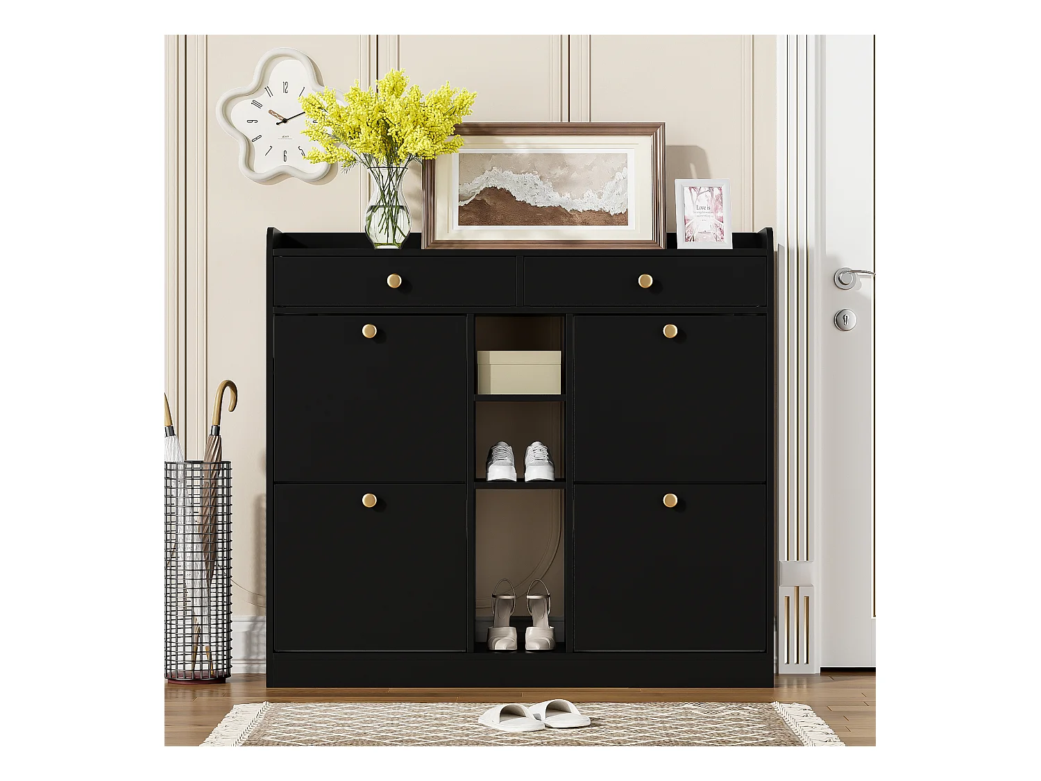 Credenza con 4 ante, 2 cassetti, design moderno, nero e legno, pannello truciolare (110x26x100 cm)