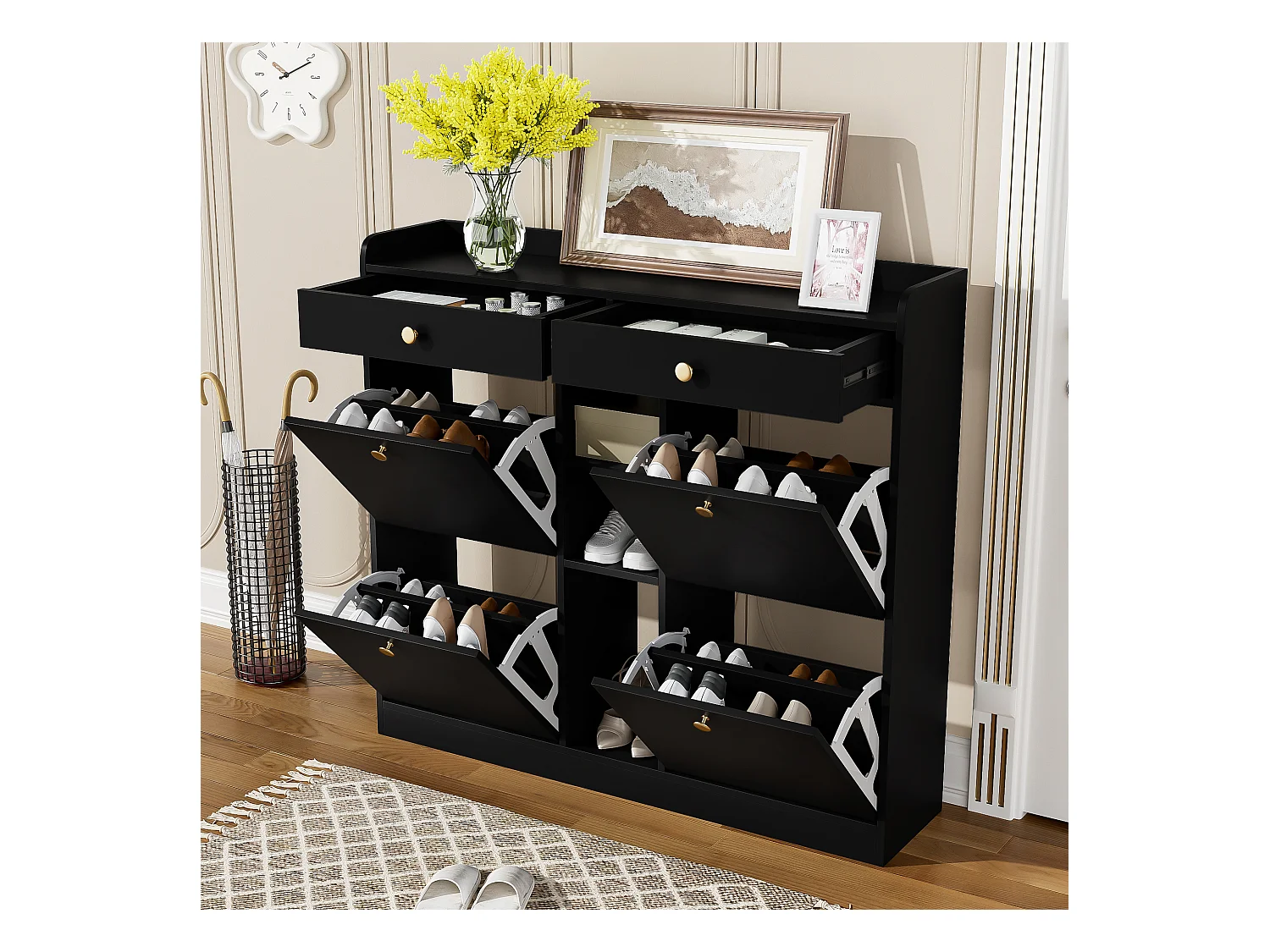 Credenza con 4 ante, 2 cassetti, design moderno, nero e legno, pannello truciolare (110x26x100 cm)