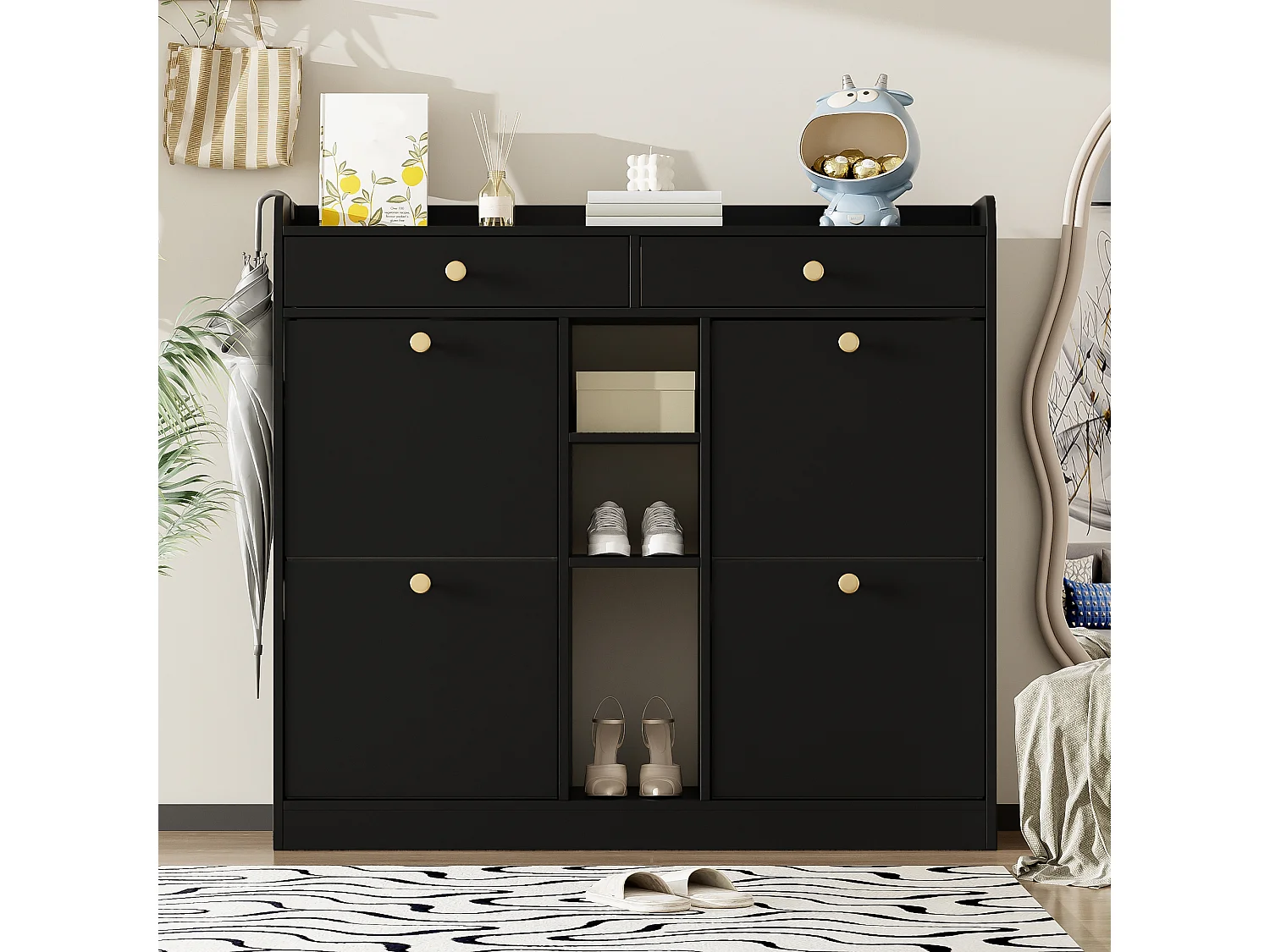 Credenza con 4 ante, 2 cassetti, design moderno, nero e legno, pannello truciolare (110x26x100 cm)