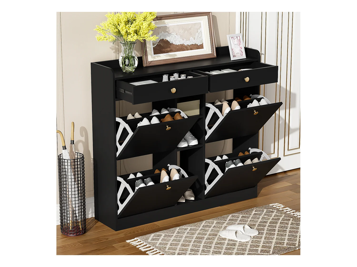 Dressoir met 4 deuren, 2 laden, modern design, zwart en hout, spaanplaat (110x26x100 cm)